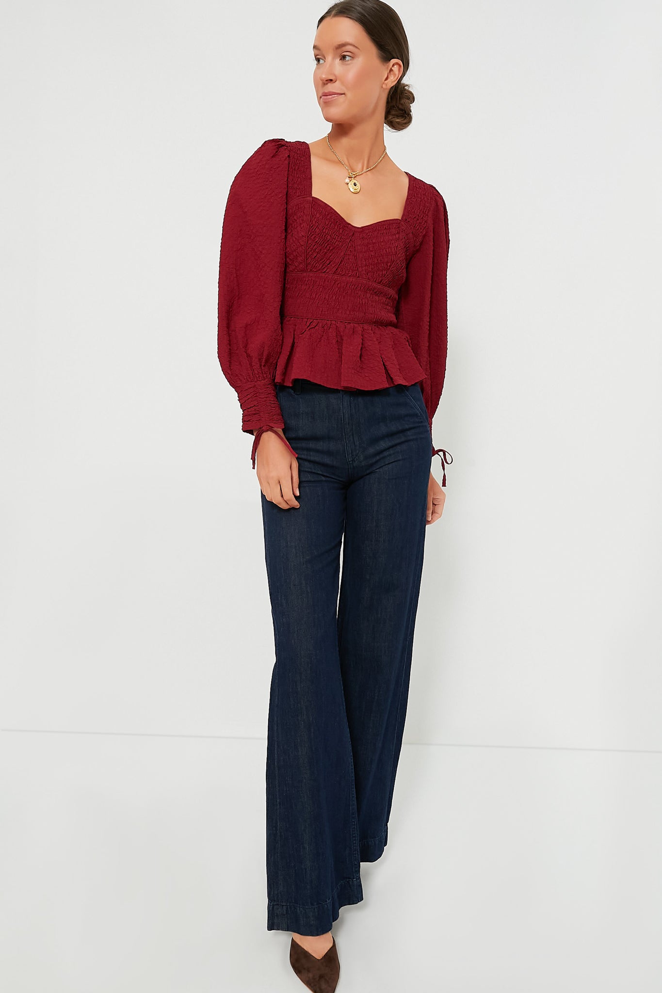Red Regina Seersucker Longsleeve Top-Beilave