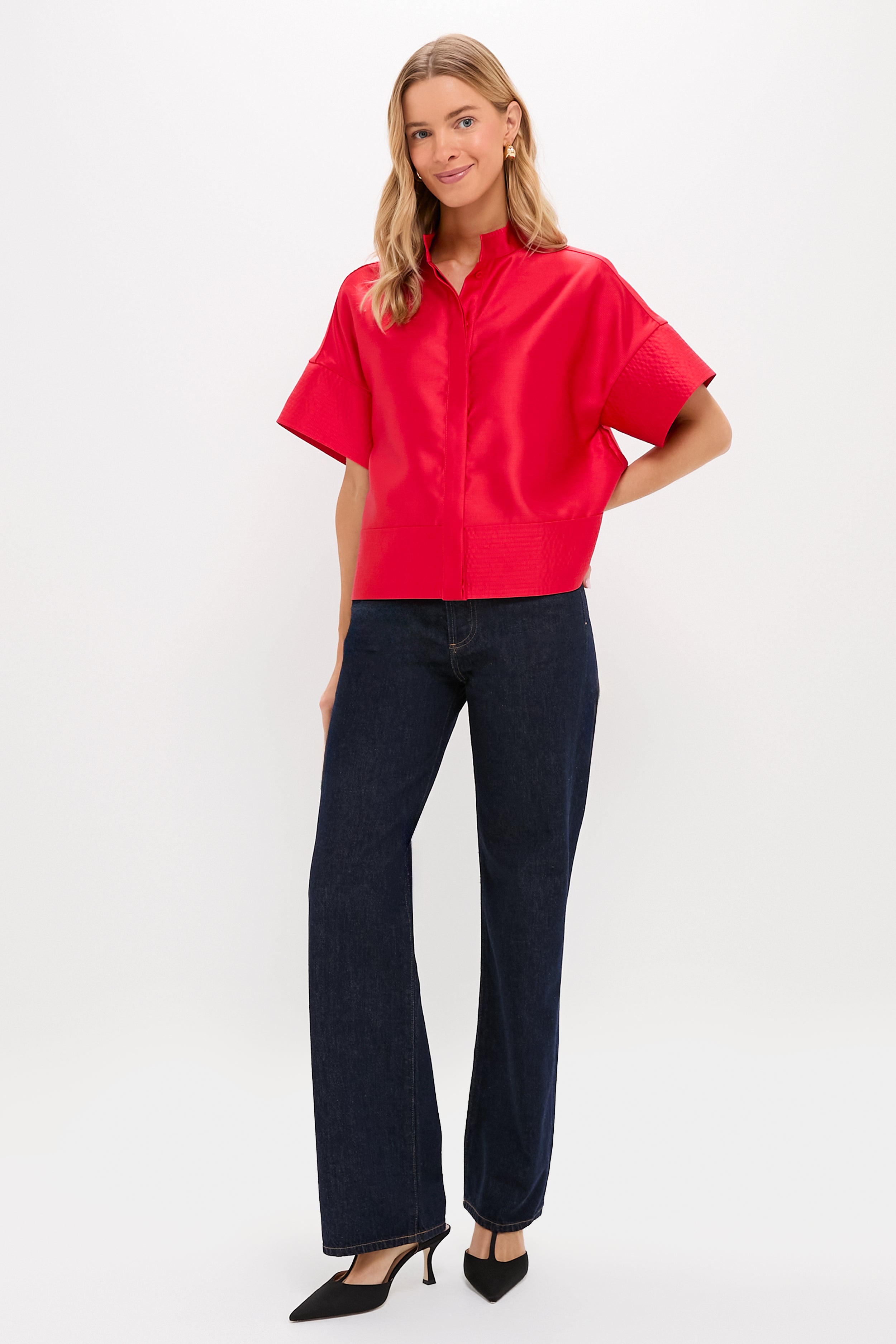 Red Dupioni Trapunto Stitch Sofia Shirt-Beilave