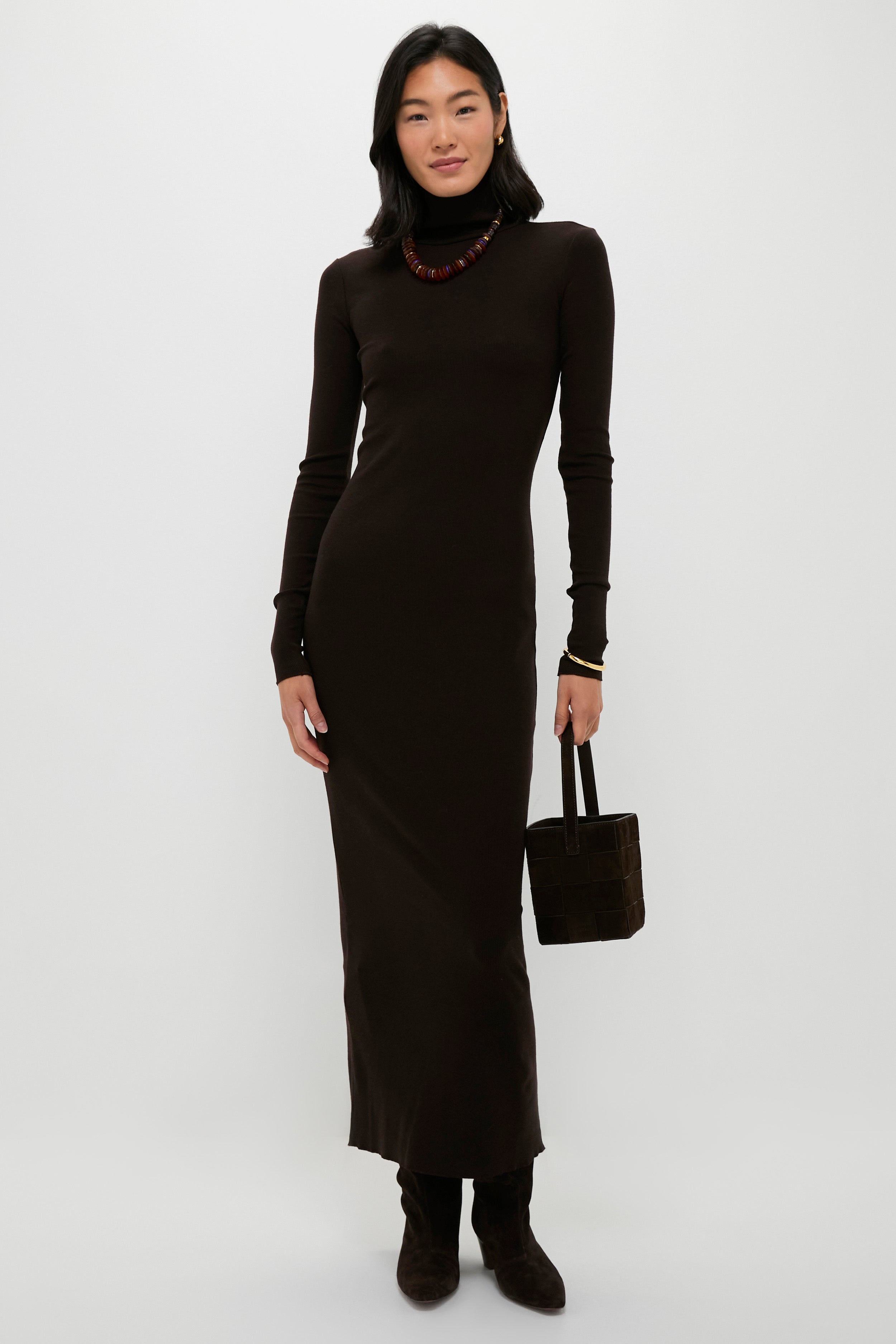 Brown Melange Rib Knit Turtleneck Column Dress-Beilave