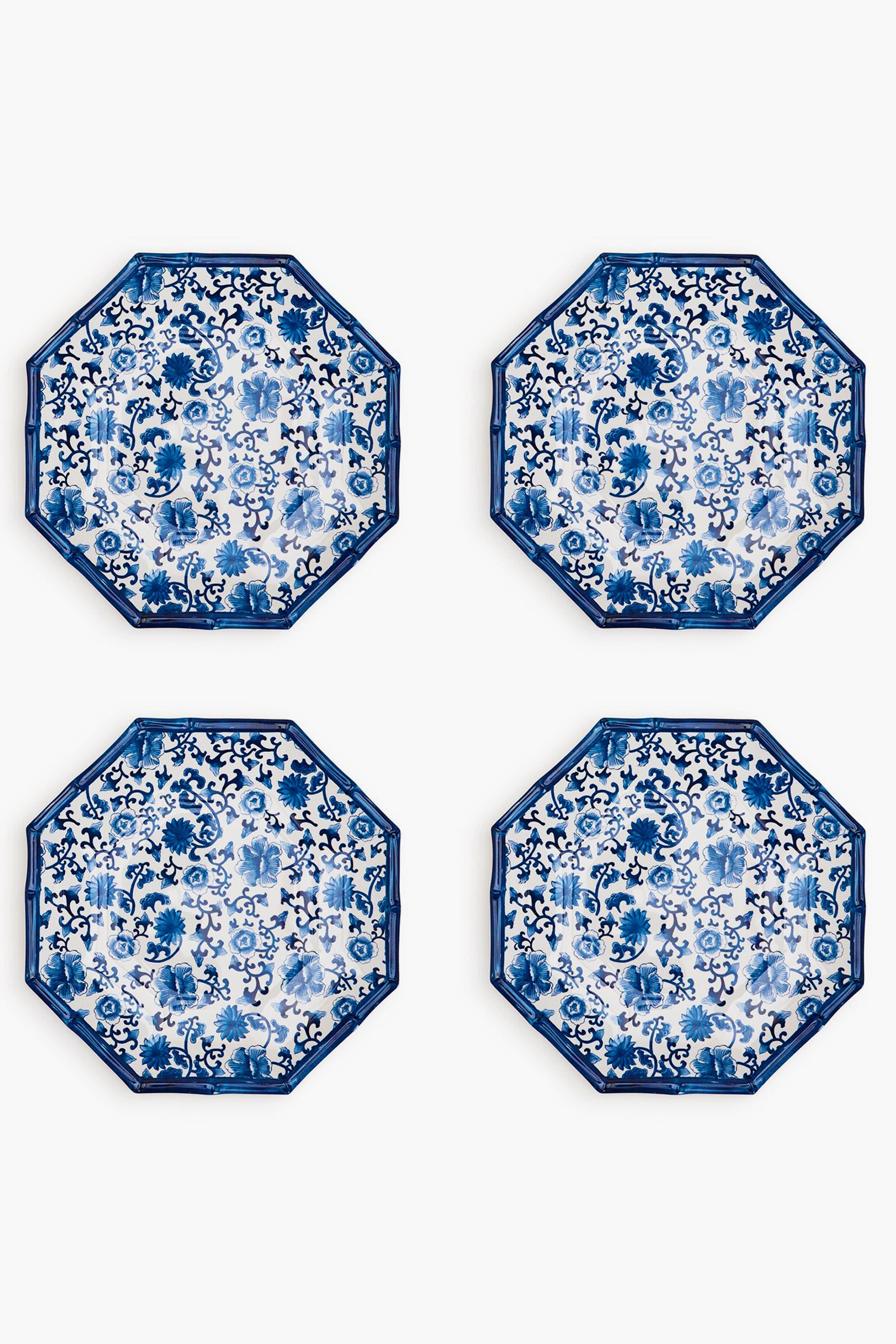 Set of 4 Chinoiserie Touch Octagonal Dinner Plate with Bamboo Rim-Beilave