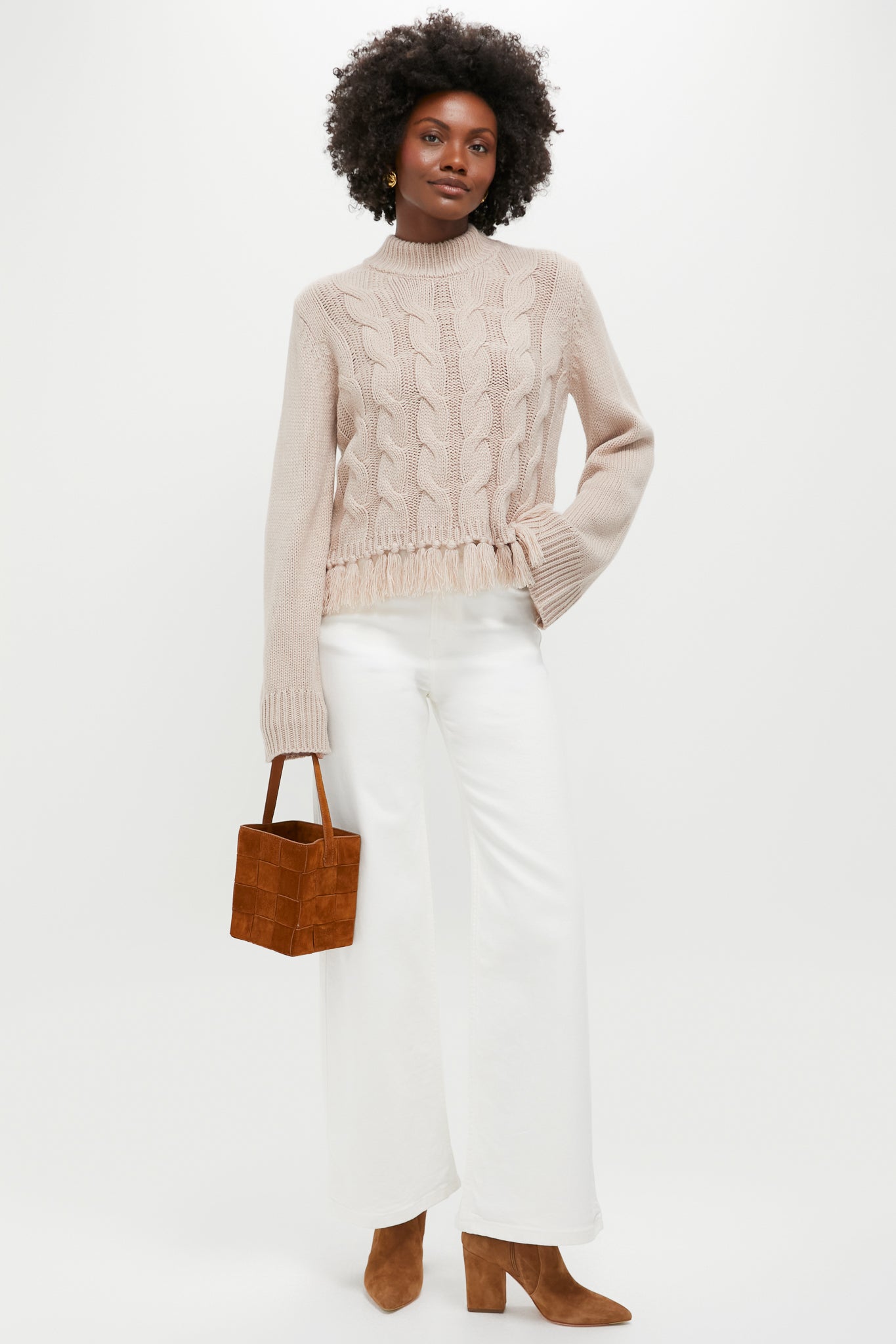 Taupe Fringe Cable Knit Carly Sweater-Beilave