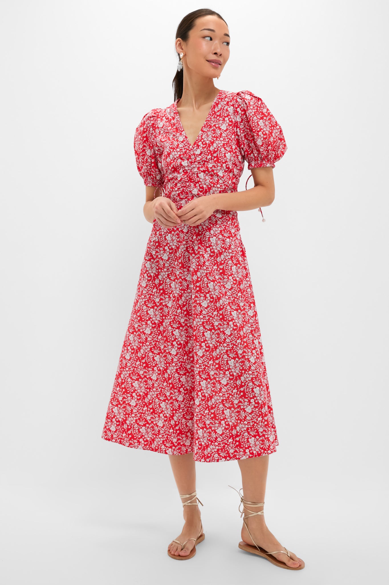 Red Lucille Liberty Print Short Sleeve Midi Dress-Beilave