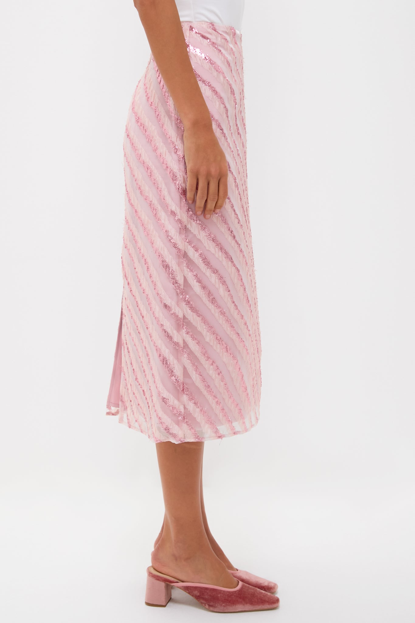 Soft Pink Shimmer Stripes Milan Midi Skirt-Beilave