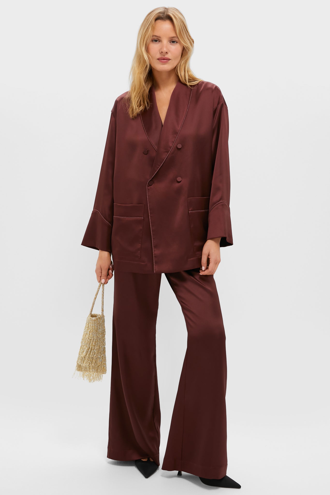 Chocolate Satin Smoking Jacket-Beilave