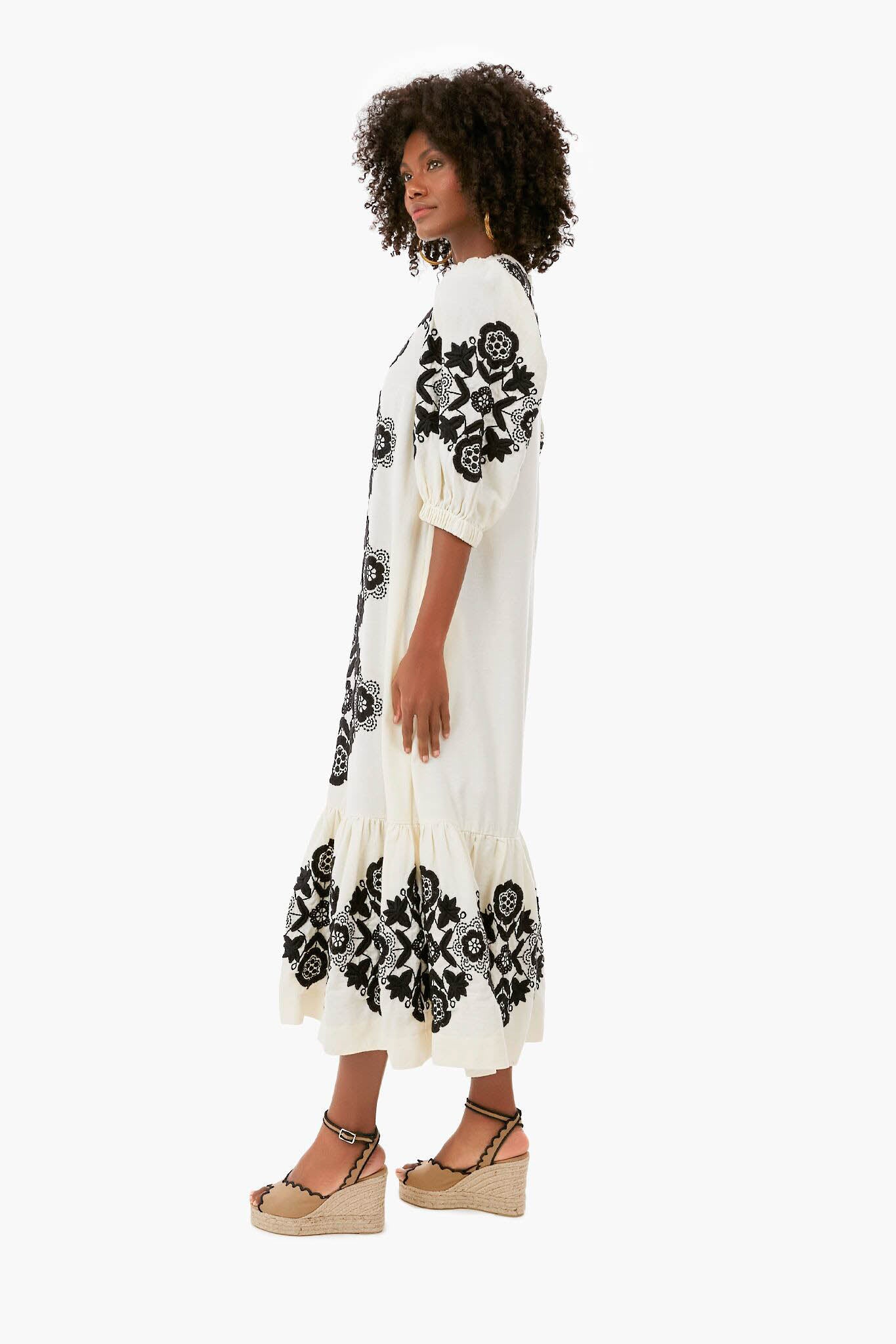 Cream Manuela Embroidered Puff Sleeve V-Neck Dress-Beilave