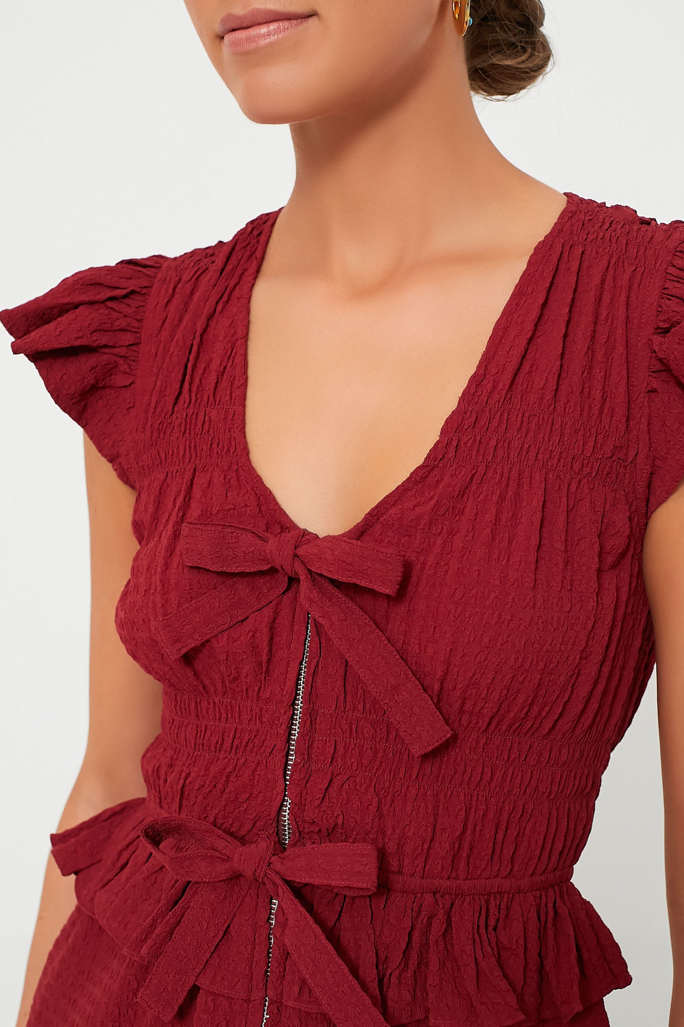 Red Regina Seersucker Flutter Sleeve Dress-Beilave