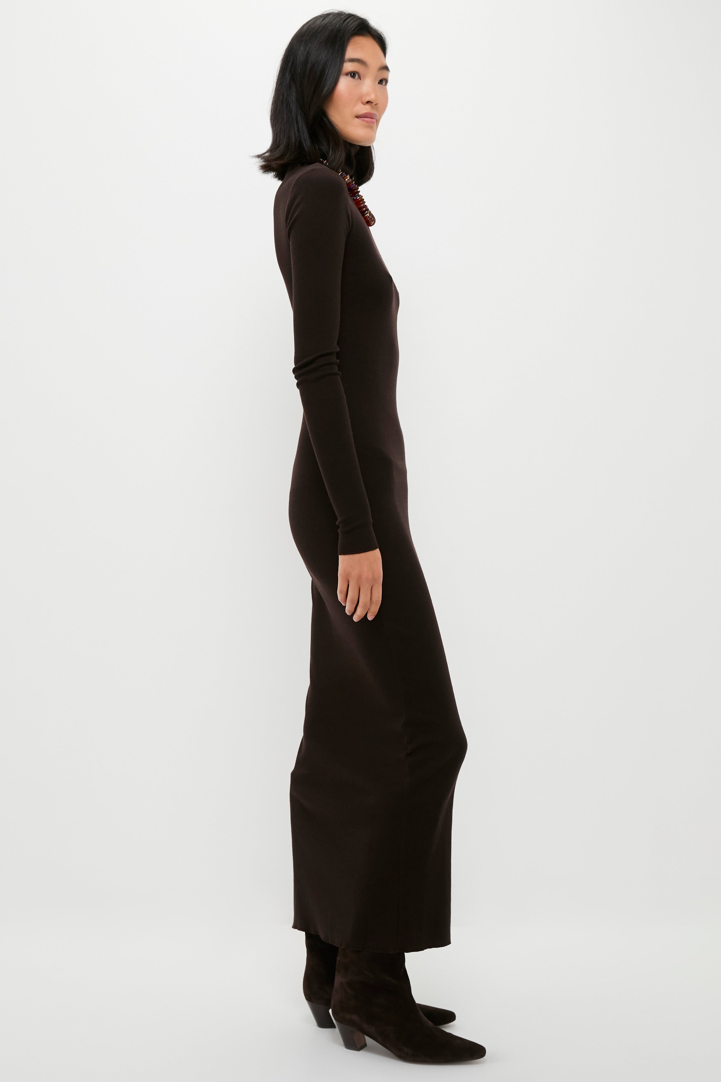 Brown Melange Rib Knit Turtleneck Column Dress-Beilave
