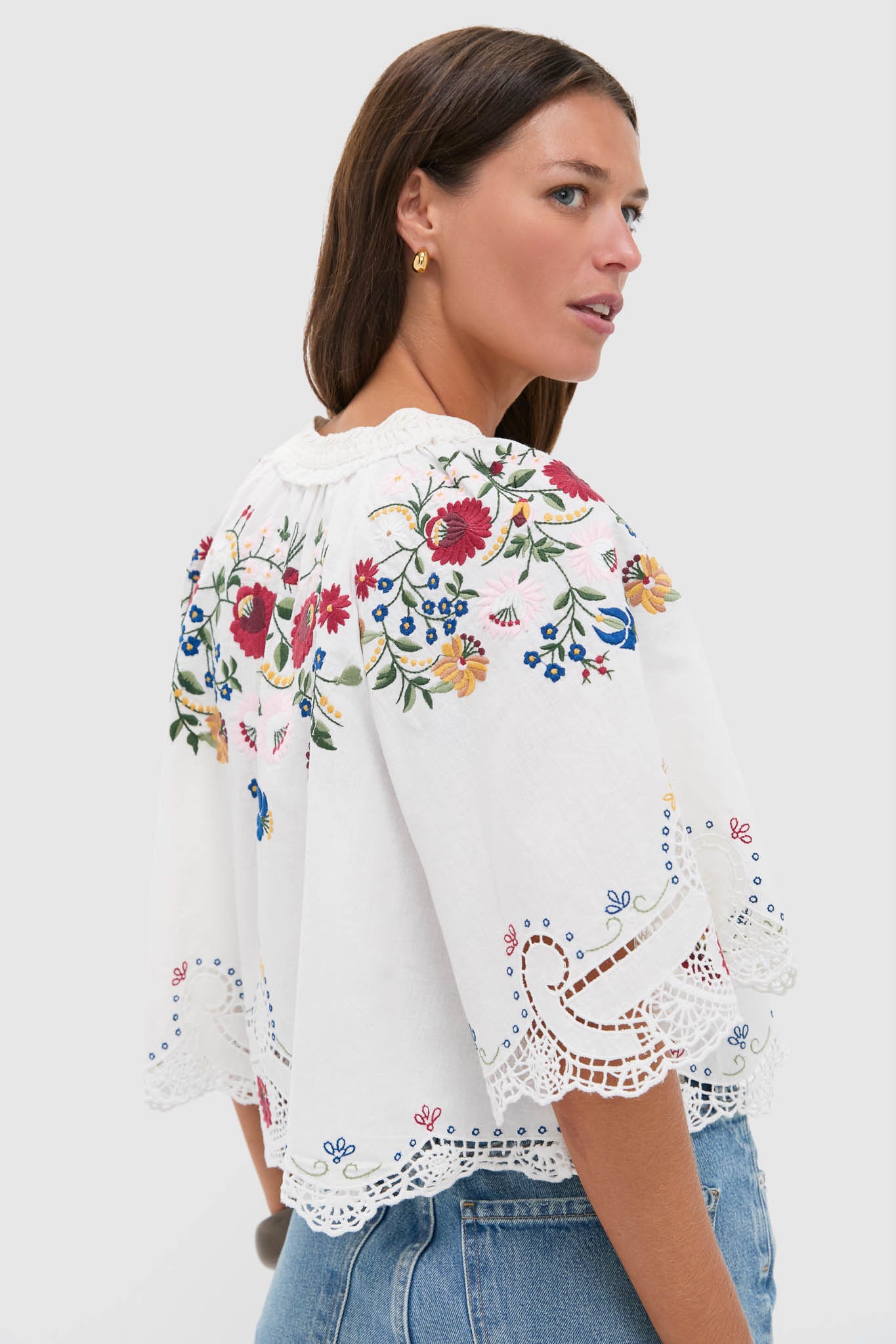 Cream Celia Embroidery Short Sleeve Top-Beilave