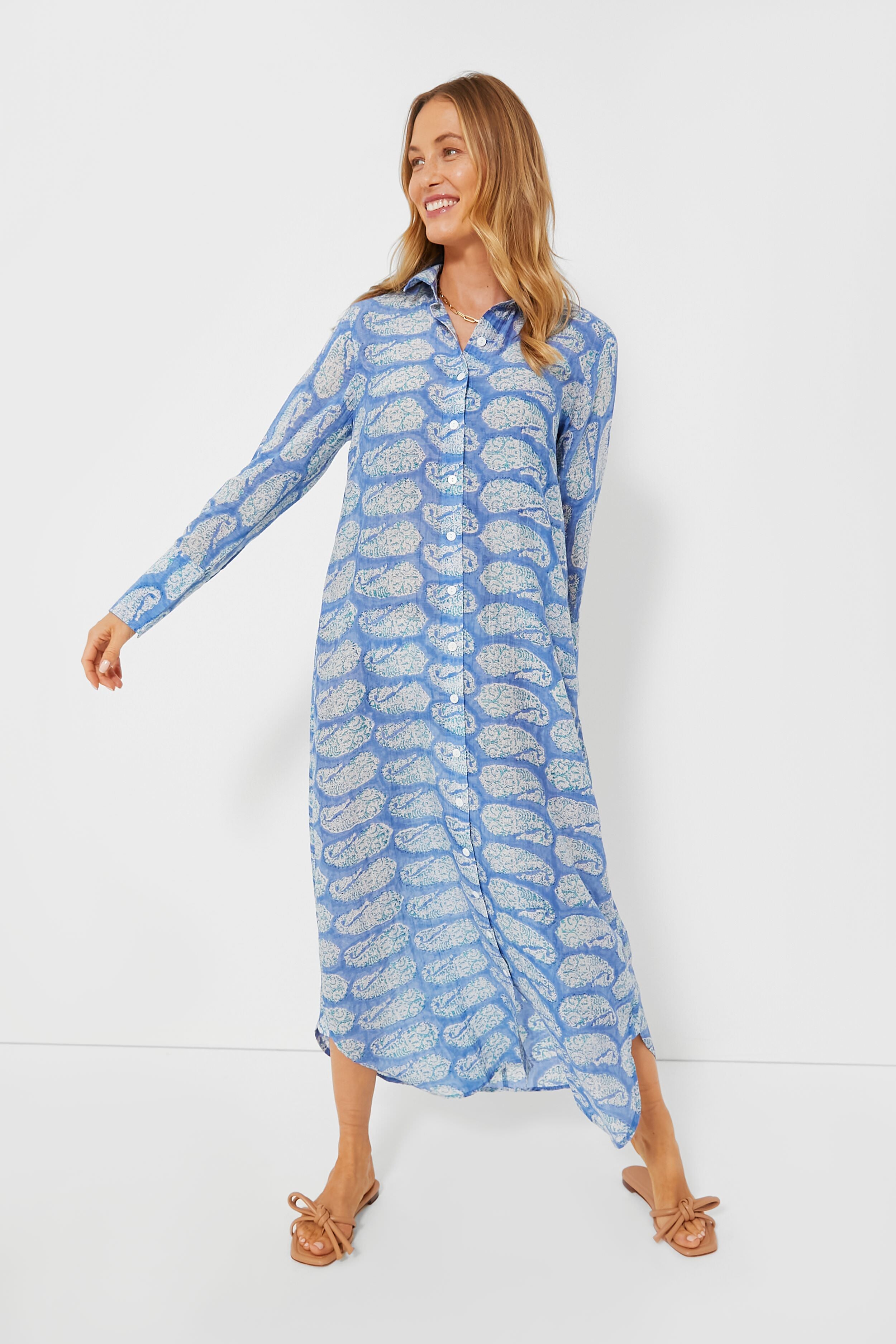 Blue Turq Paisley Oversized Maxi Shirt Dress-Beilave
