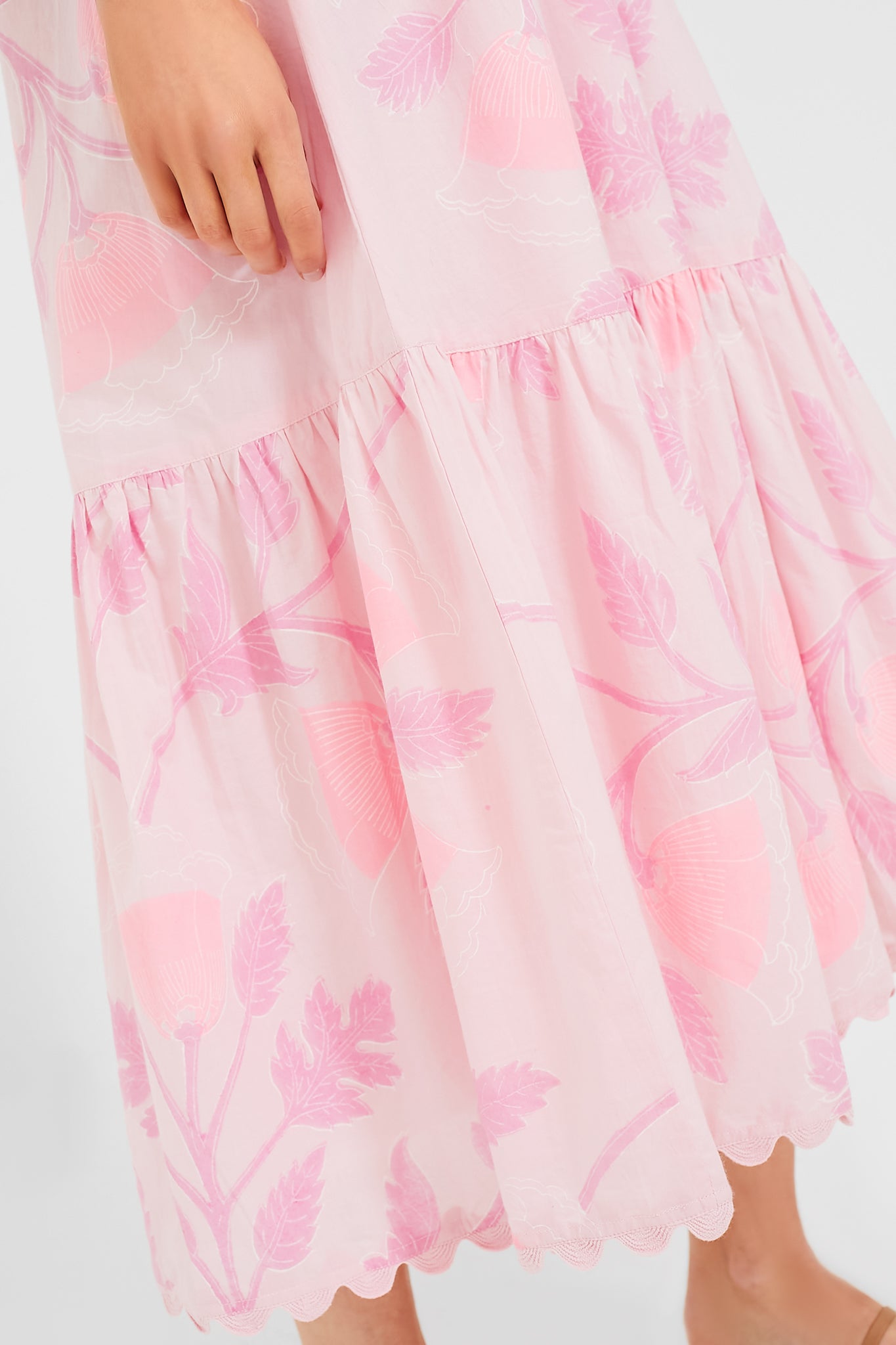 Pale Pink V-Neck Midi Dress with Bellflower Block Print-Beilave