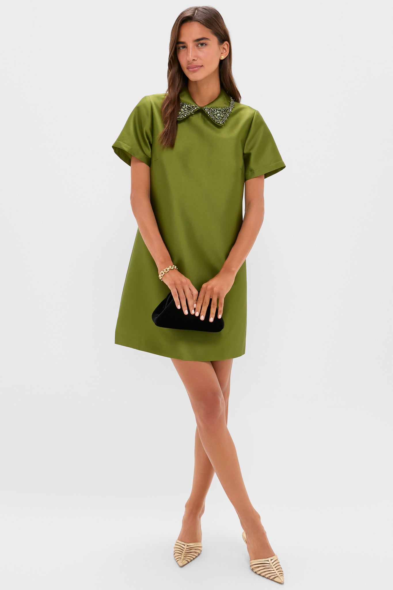 Green Embellished Aurelie Shift Dress-Beilave