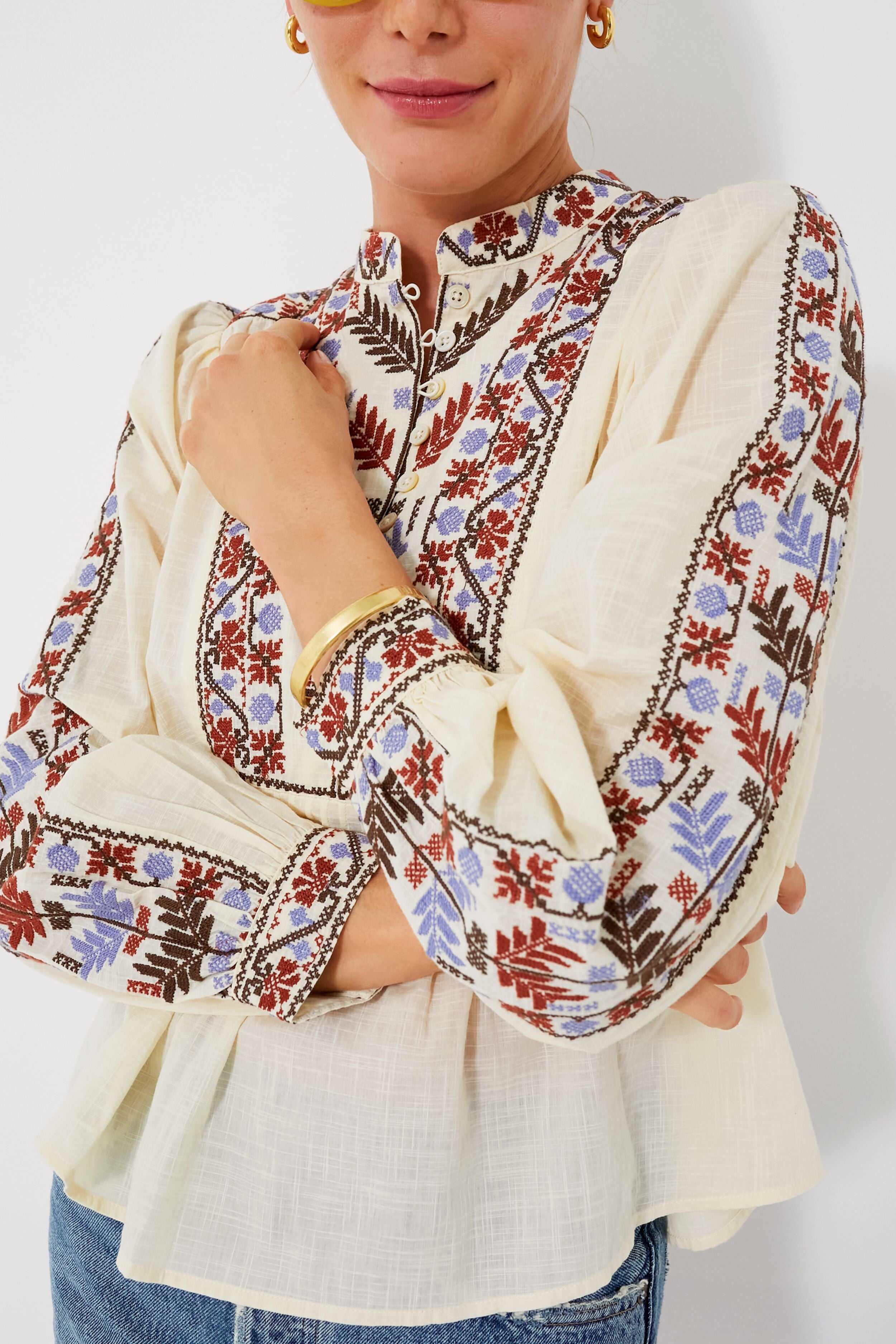 Cream Ellabeth Embroidered Long Sleeve Top-Beilave