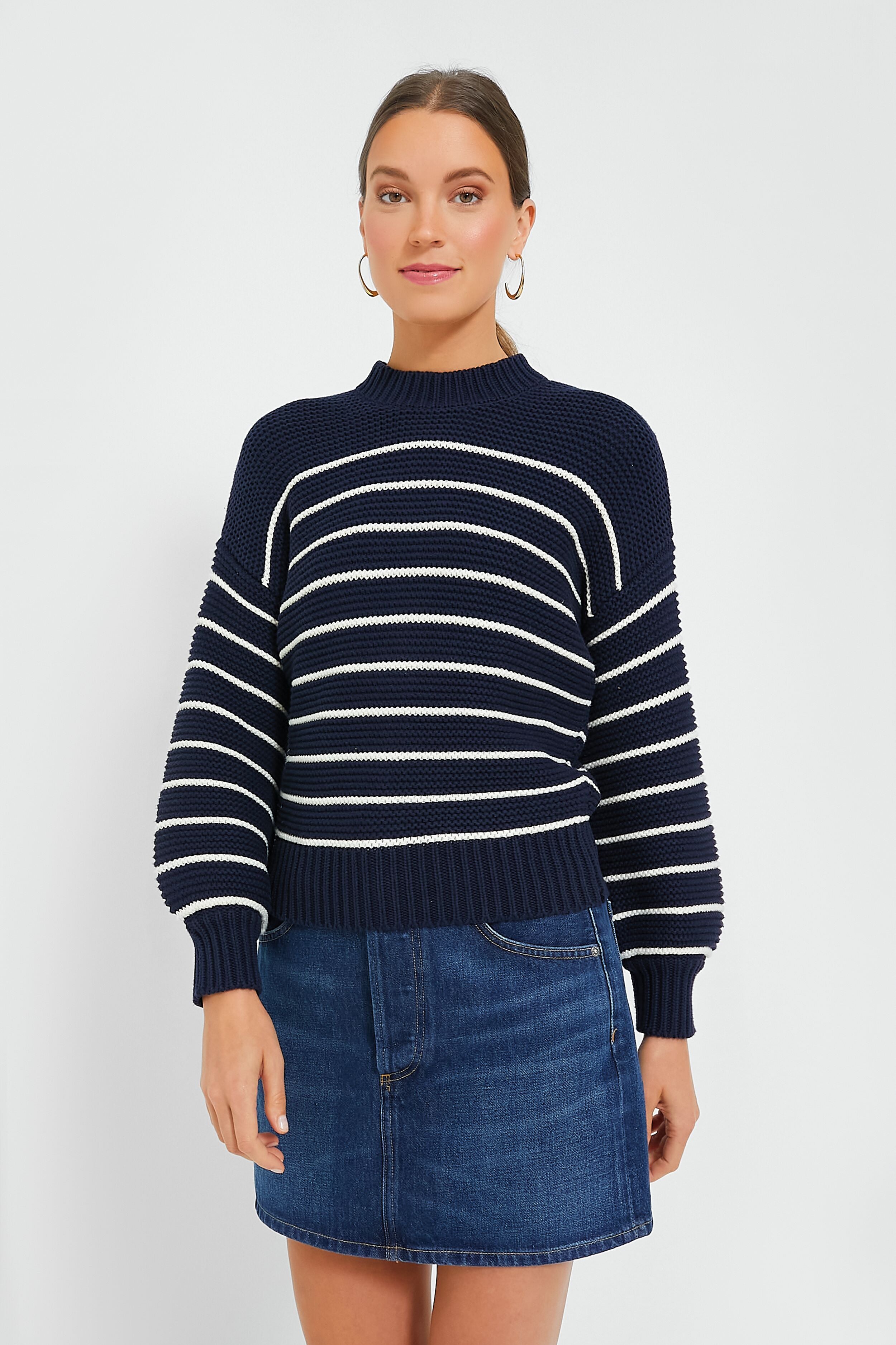 Dark Navy and Ivory Stripe Button Back Crewneck Sweater-Beilave