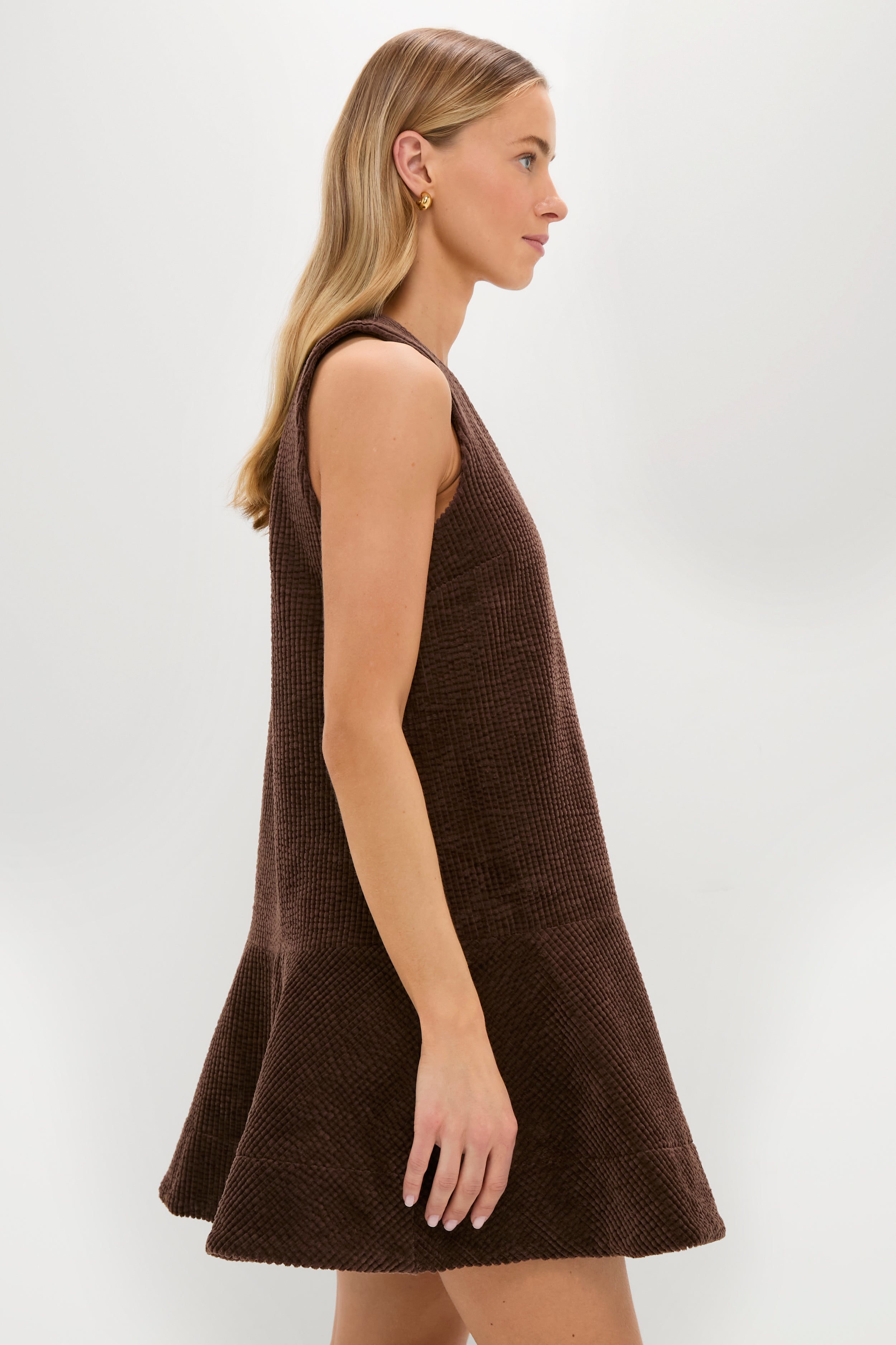 Chicory Coffee Seersucker Corduroy V-Neck Mini Dress-Beilave