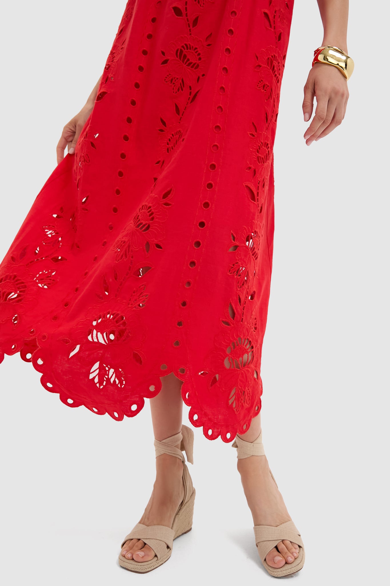 Red Flowers Richilieu Sleeveless Maxi Dress-Beilave