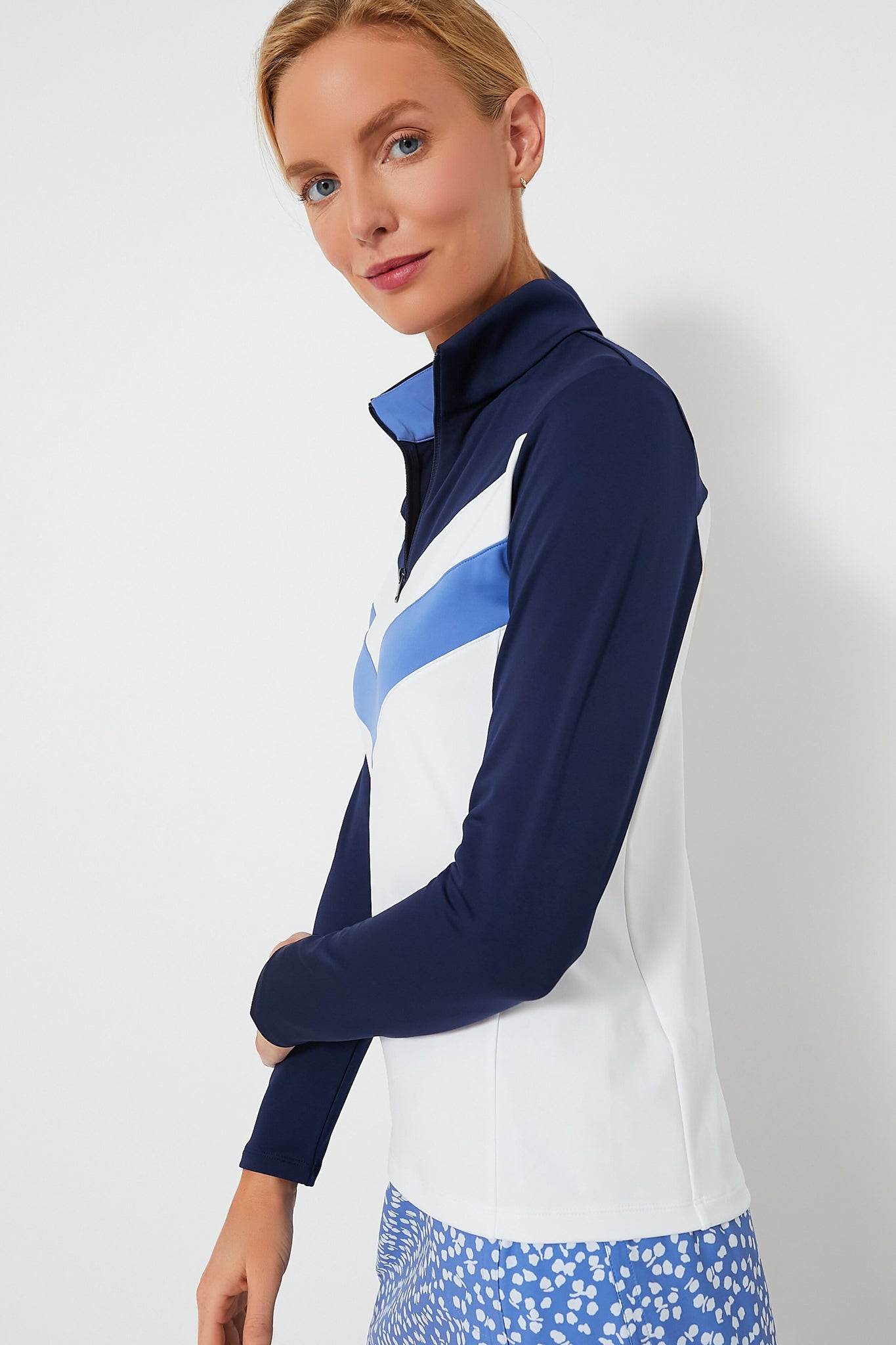 White Multi Long Sleeve Power Stretch Quarter Zip Pullover-Beilave