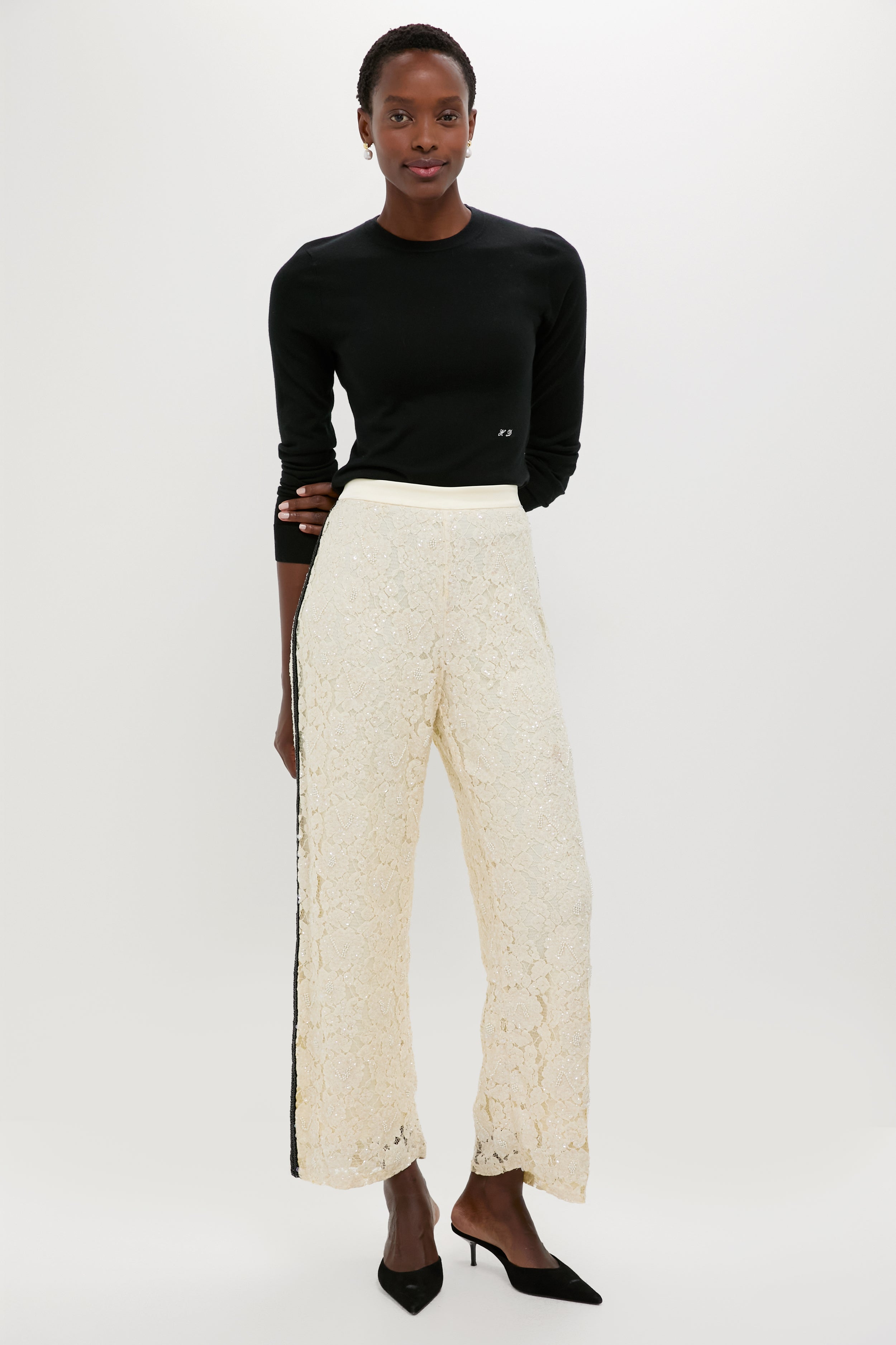 Cream Lace Sequin Straight Pants-Beilave