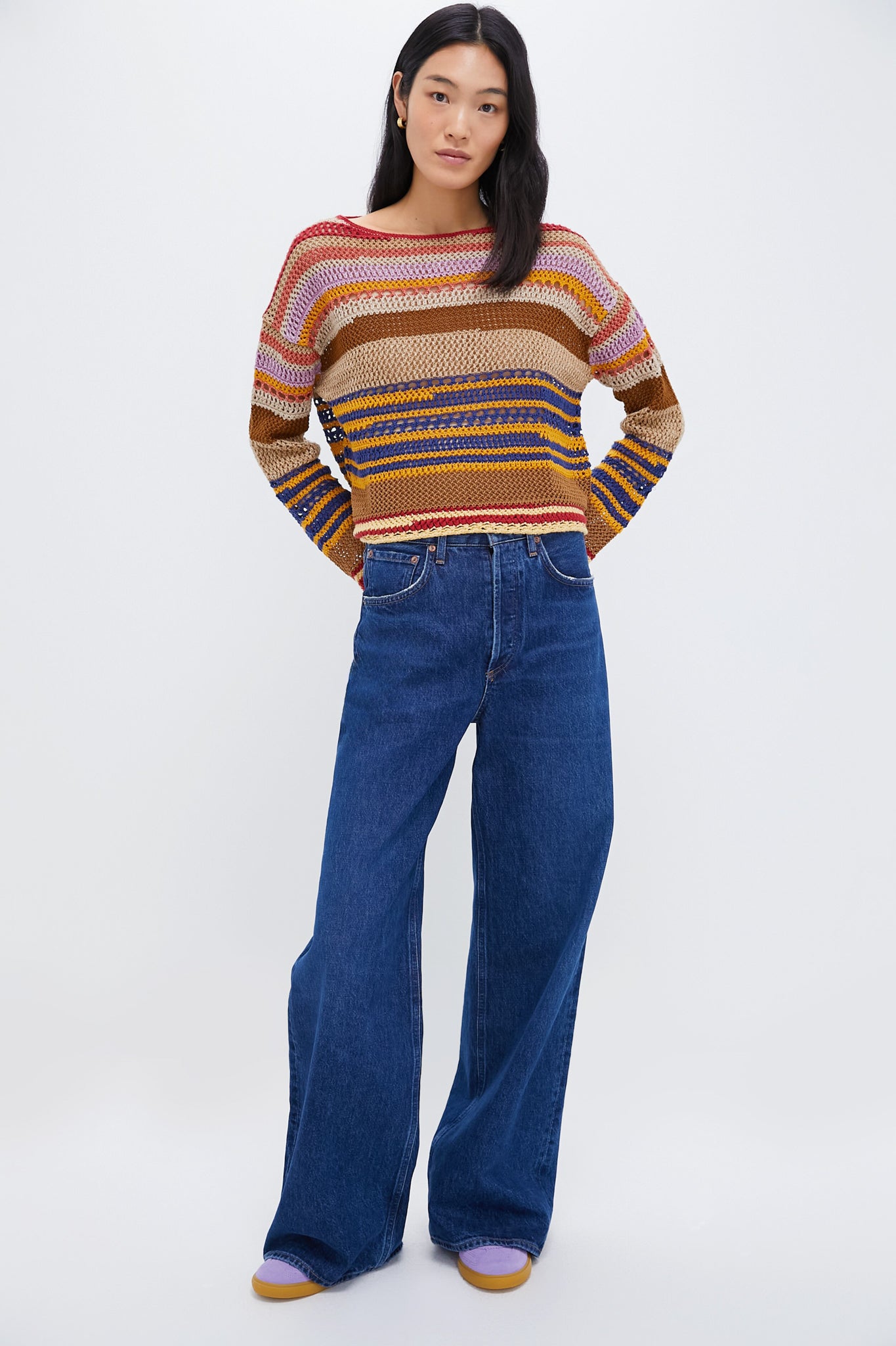 Tan Multi Linen Blend Stripe Long Sleeve Pullover-Beilave