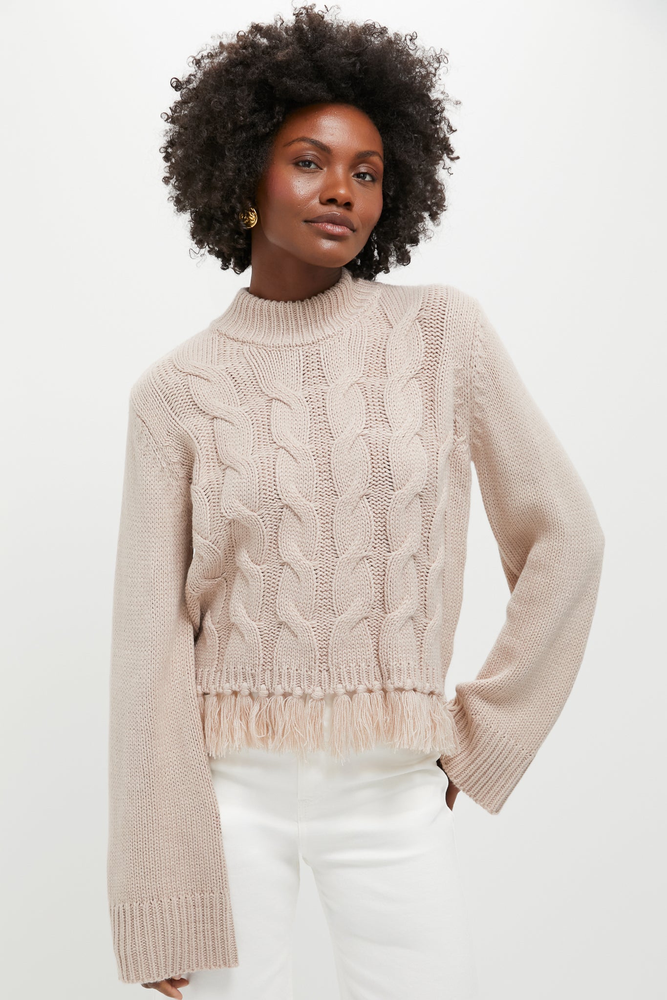 Taupe Fringe Cable Knit Carly Sweater-Beilave
