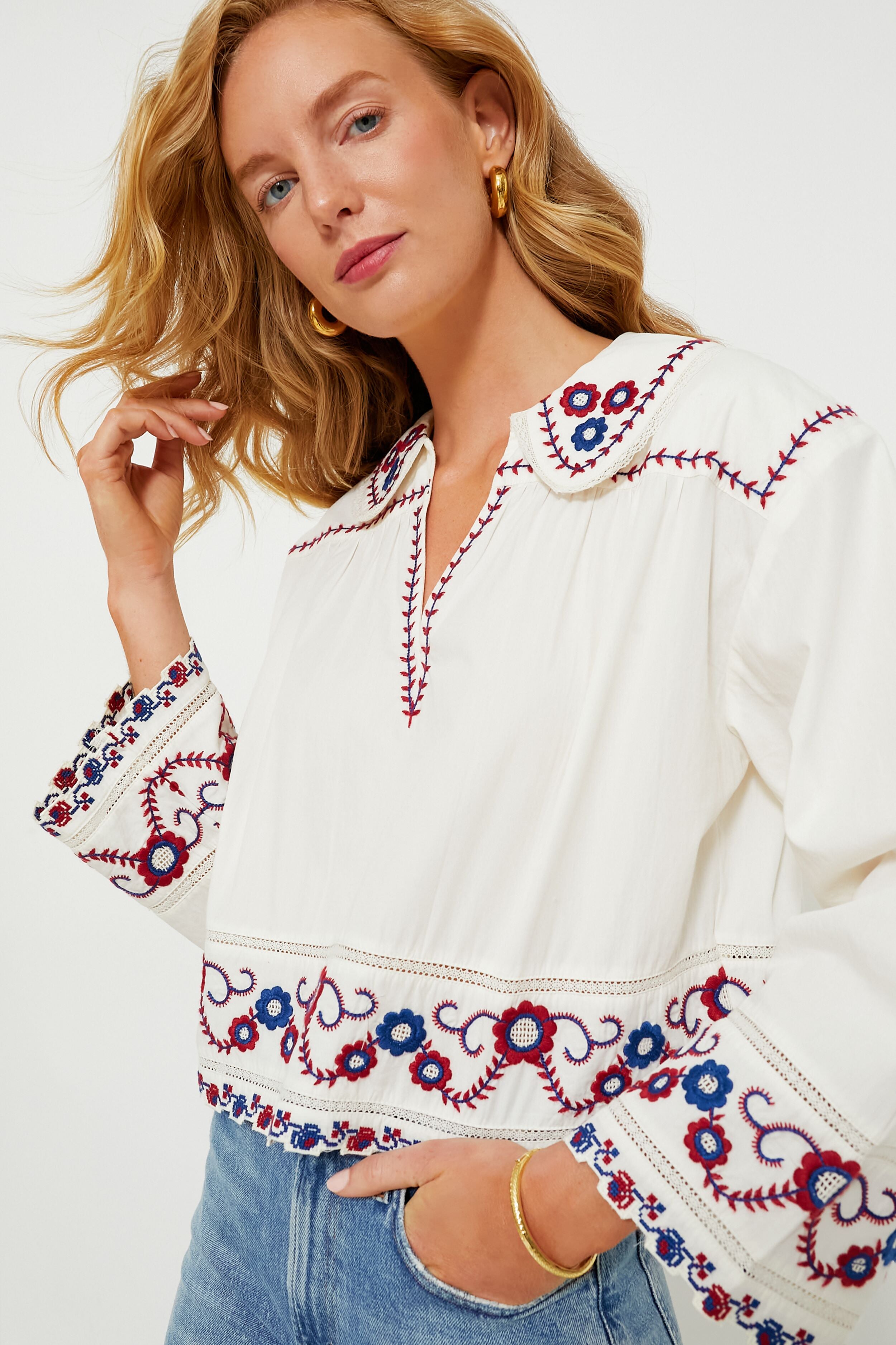 Cream Multi Soren Embroidery Long Sleeve Top-Beilave
