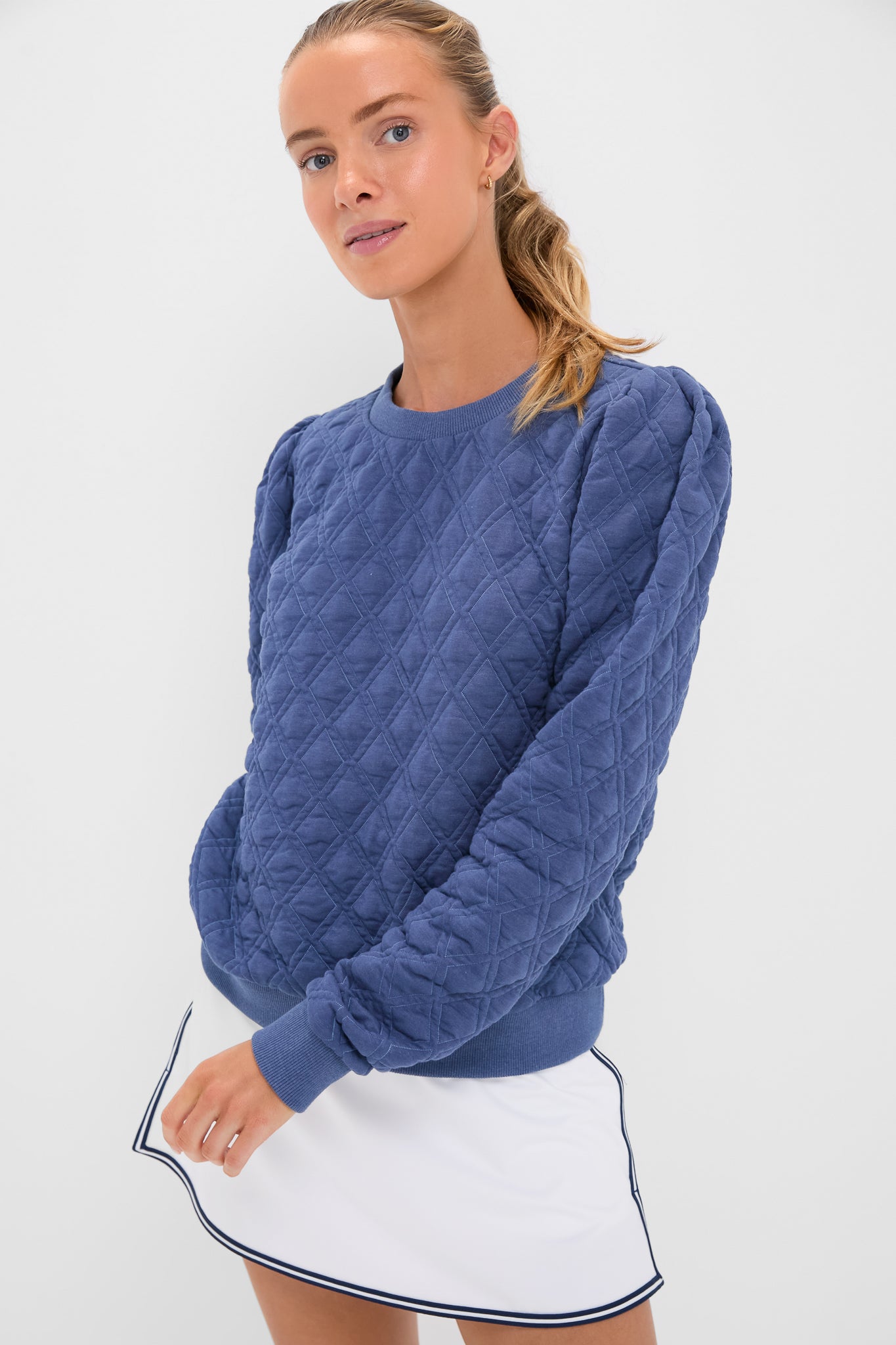 Indigo Puff Sleeve Quilted Stretch Campbell Pullover-Beilave