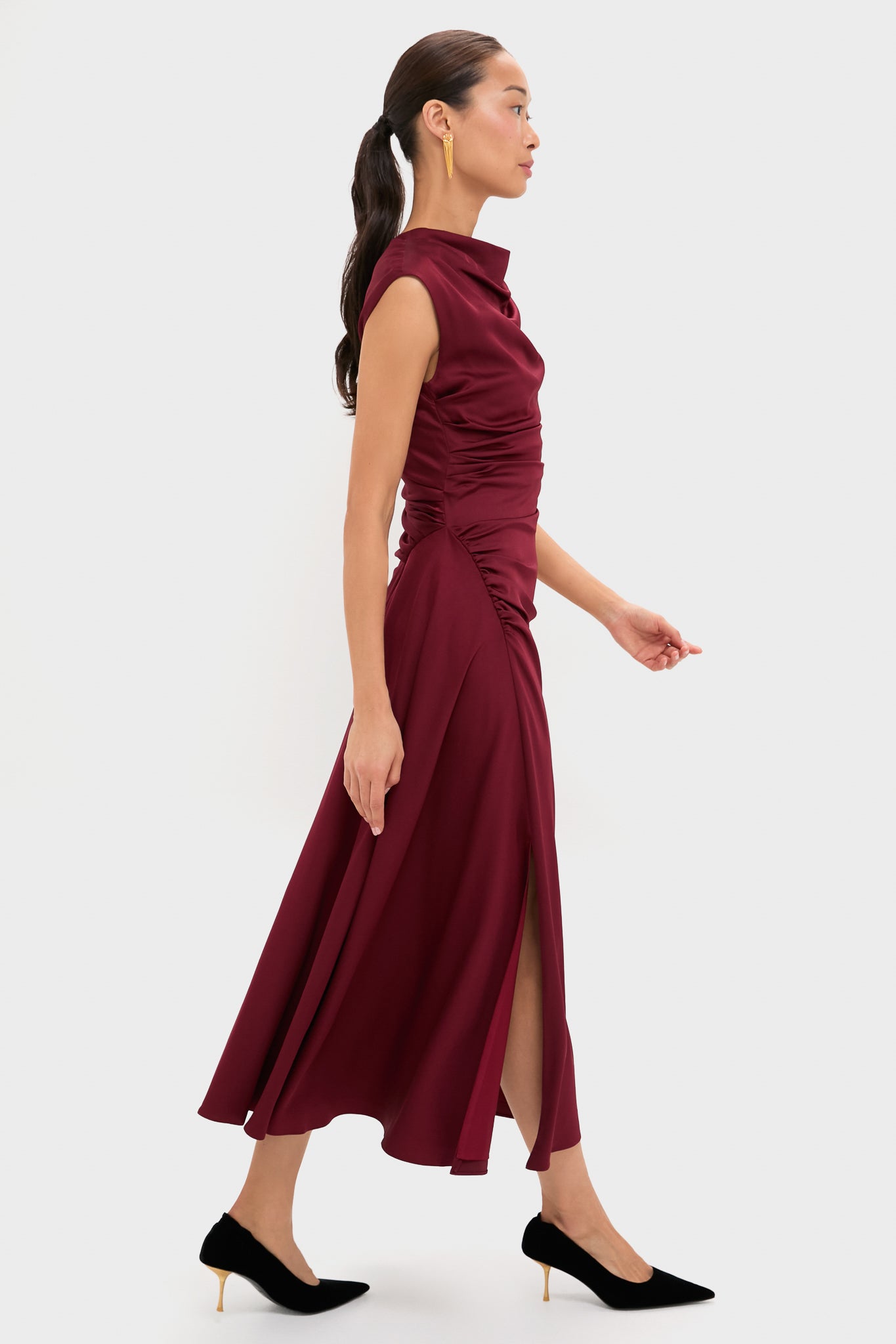 Oxblood Burke Draped Midi Dress-Beilave