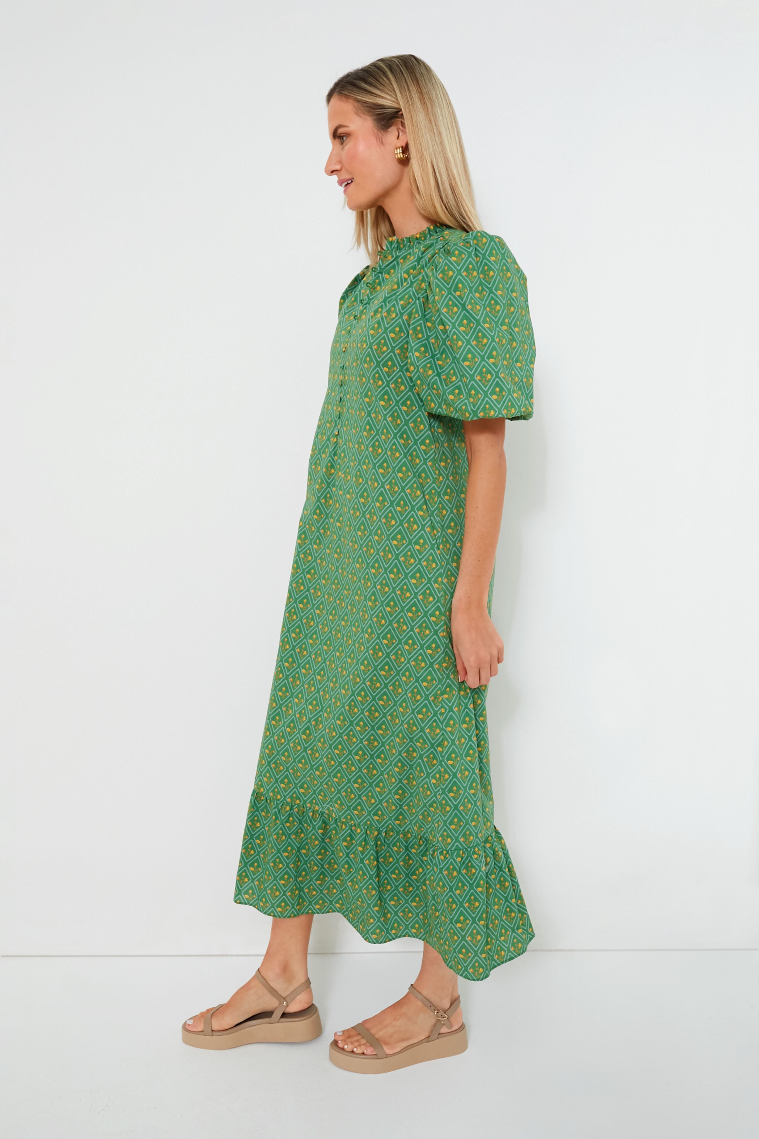Green Diamond Floral Mimi Midi Dress-Beilave