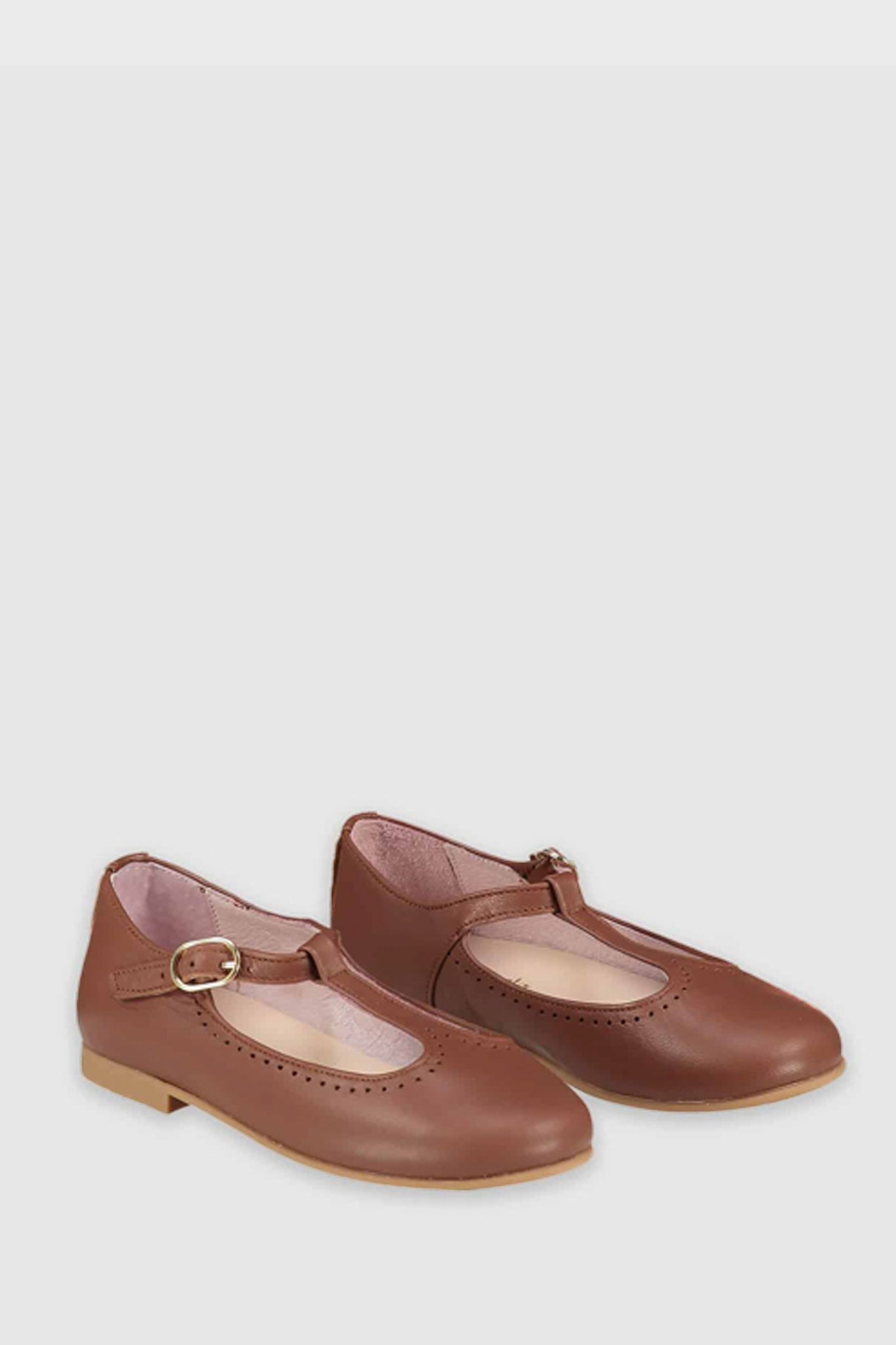 Dark Tan Leather T Bar Shoes-Beilave