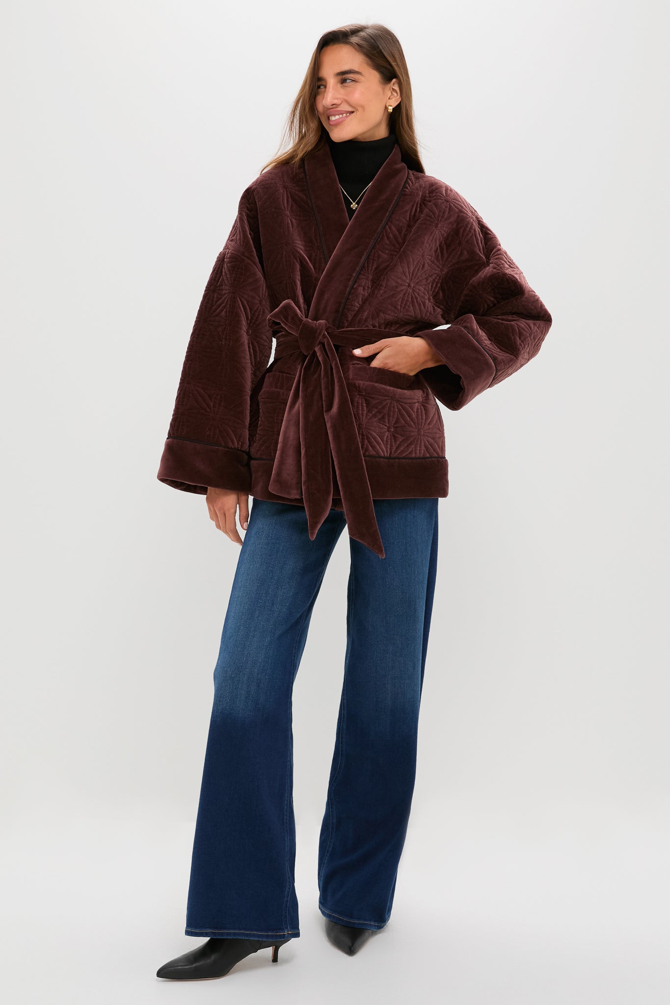 Chocolate Quilted Velvet Simone Wrap Jacket-Beilave