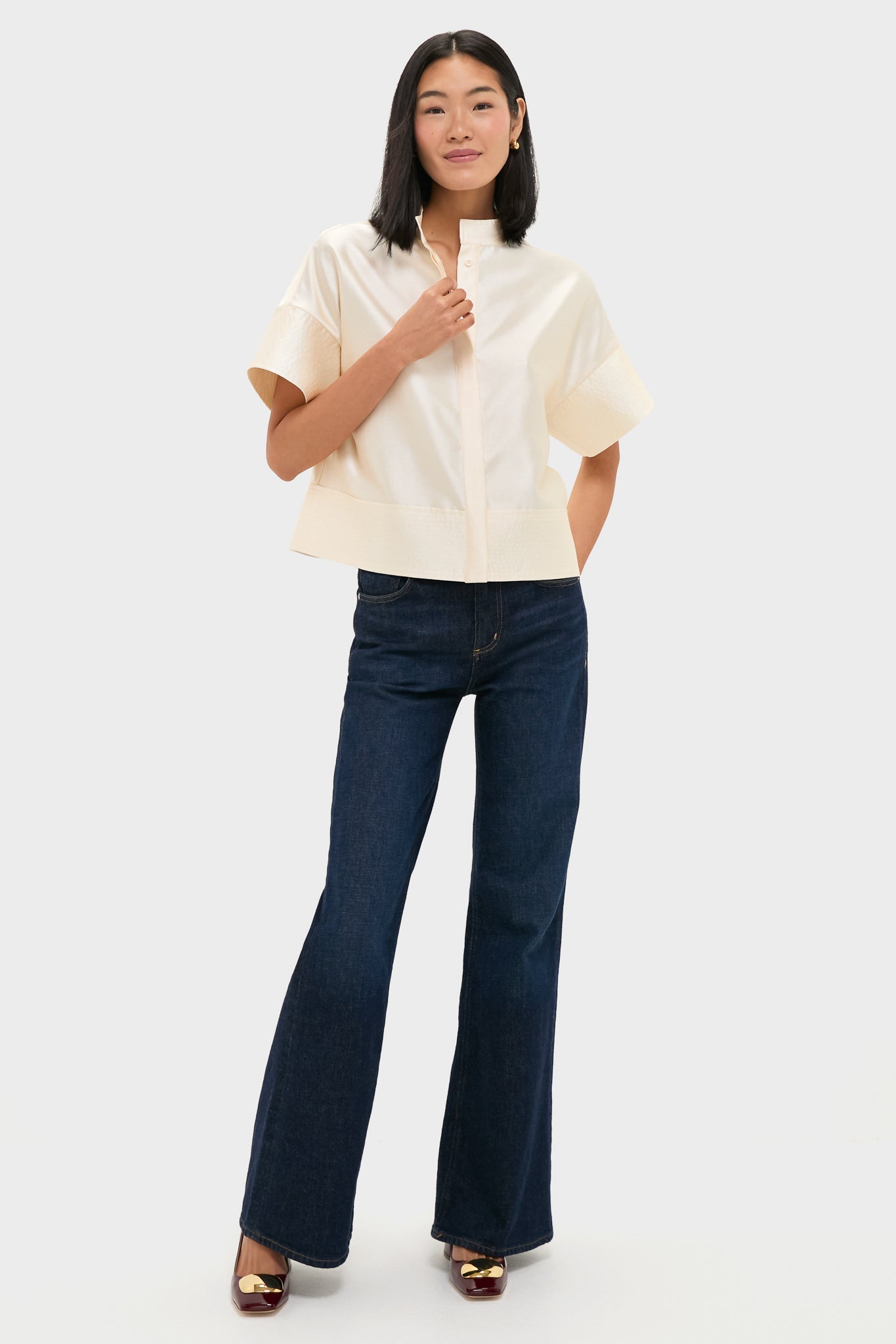 Winter White Dupioni Trapunto Stitch Sofia Shirt-Beilave