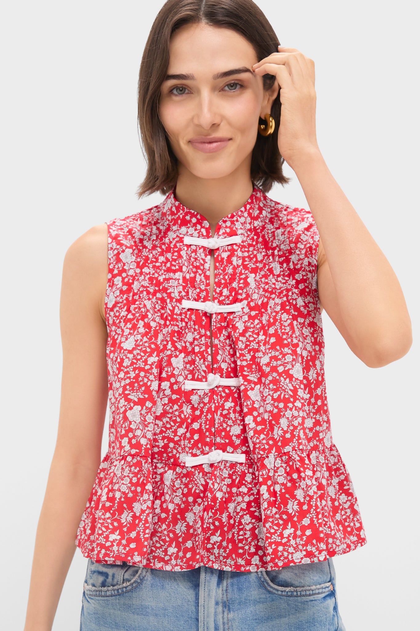 Red Lucille Liberty Print Knot Loop Tank Top-Beilave