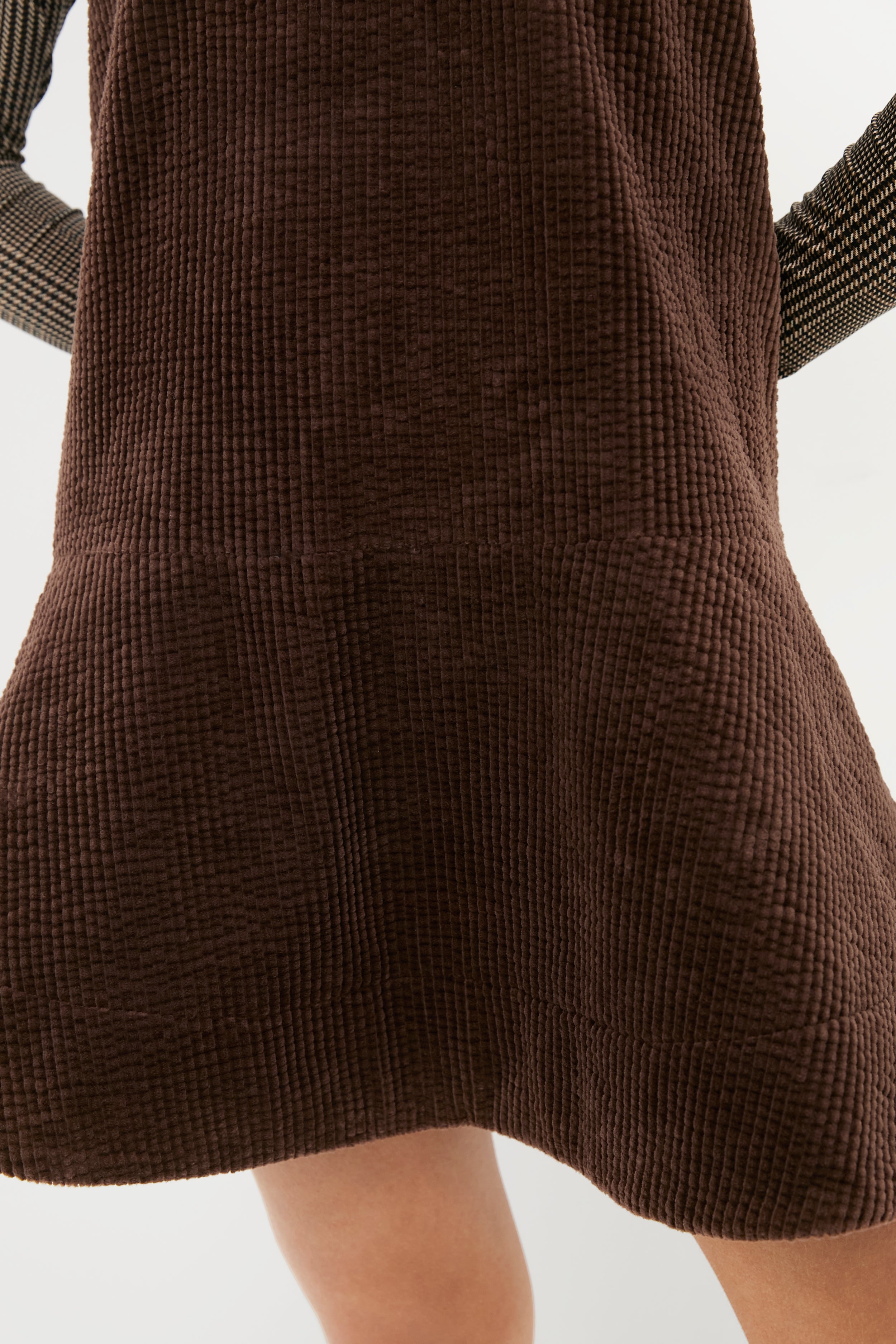 Chicory Coffee Seersucker Corduroy V-Neck Mini Dress-Beilave