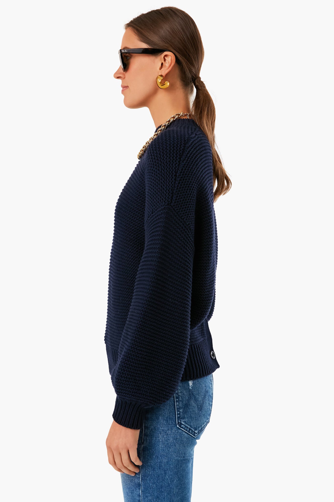 Dark Navy Button Back Crewneck Sweater-Beilave