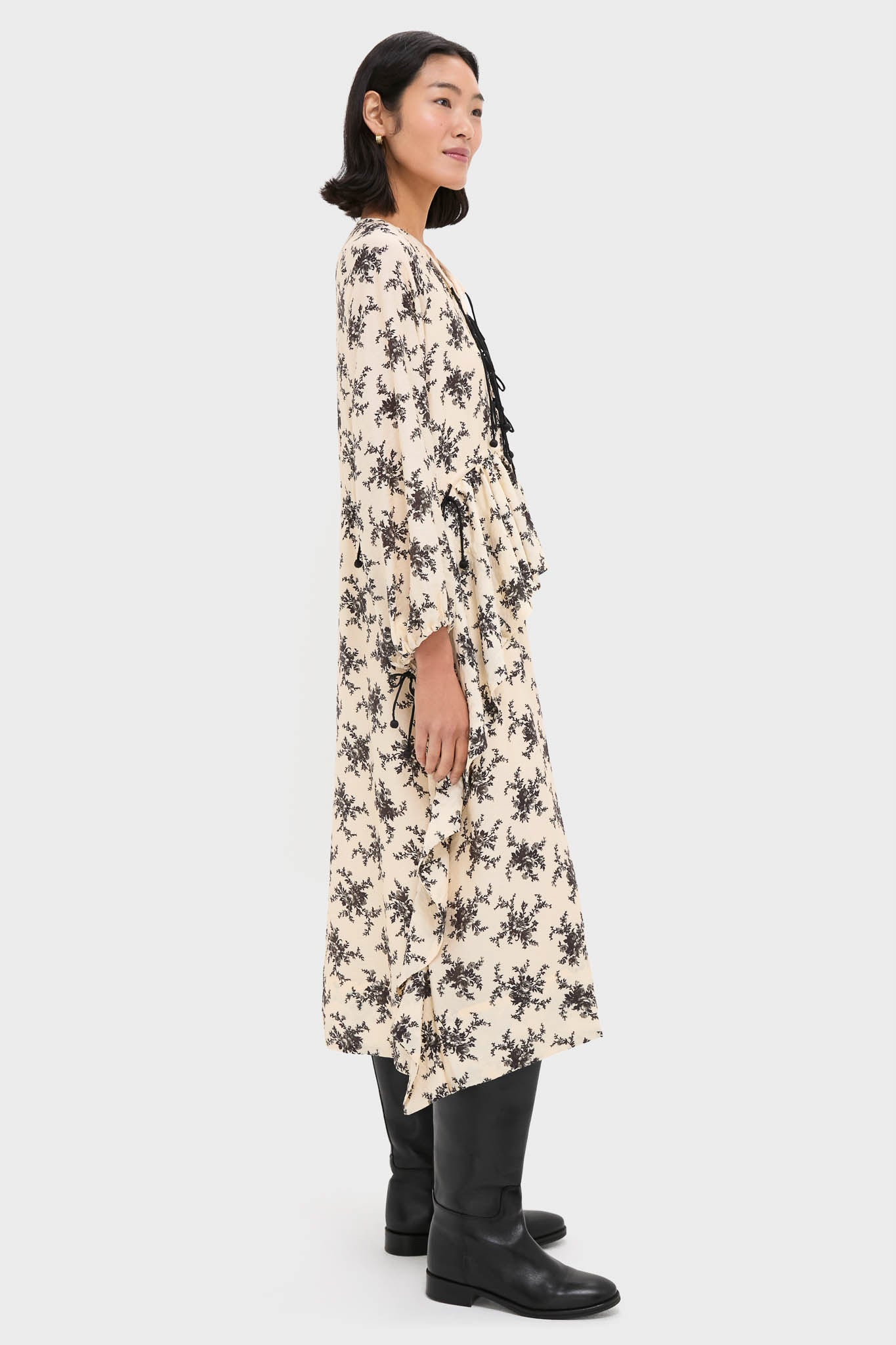 Cream Joan Print Tie Front Midi Dress-Beilave