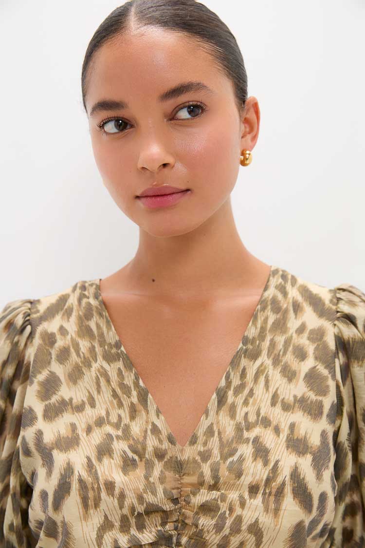 Cream Claude Print Puff Sleeve Midi Dress-Beilave