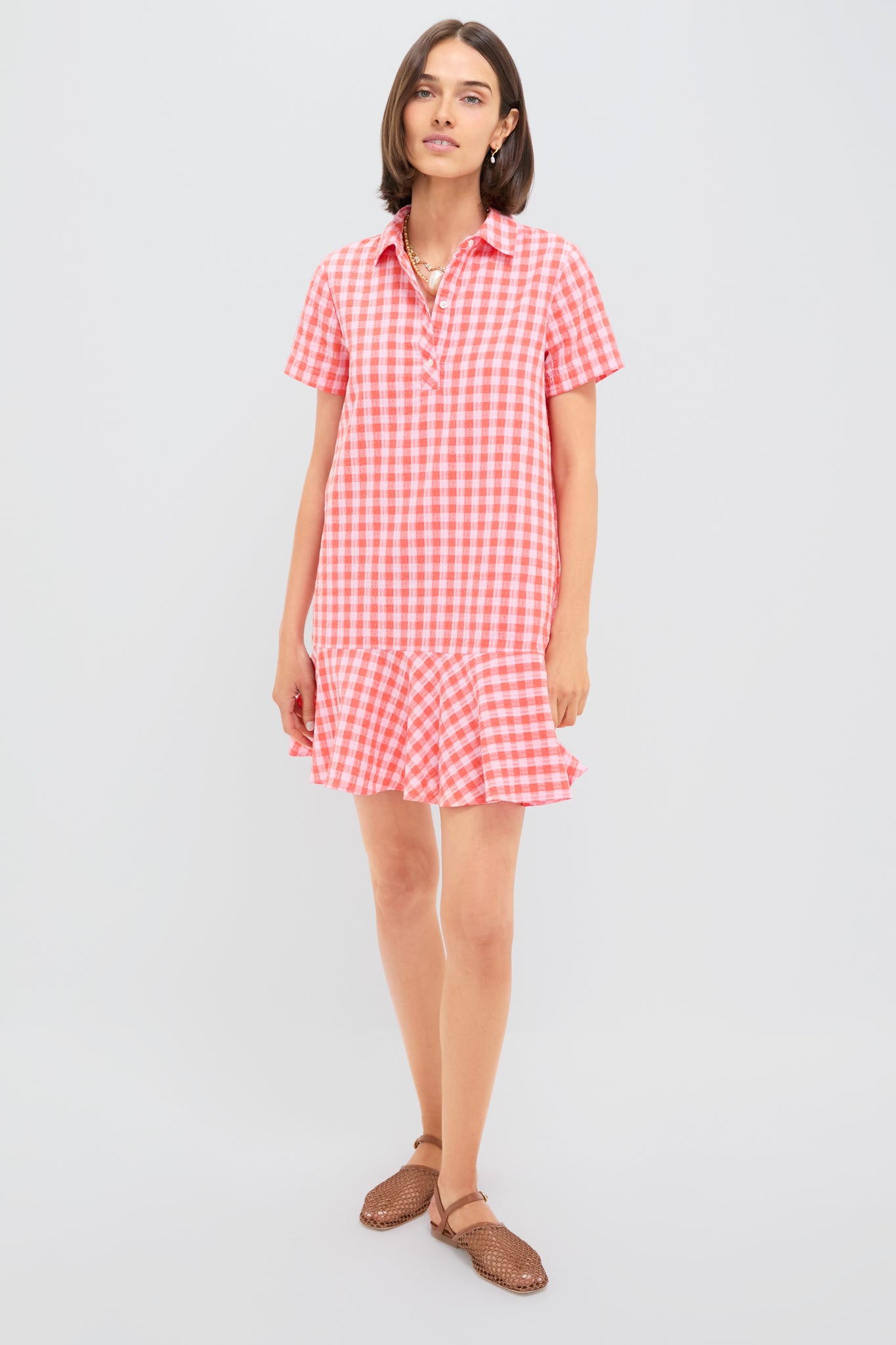 Orange and Pink Seersucker Short Sleeve May Dress-Beilave