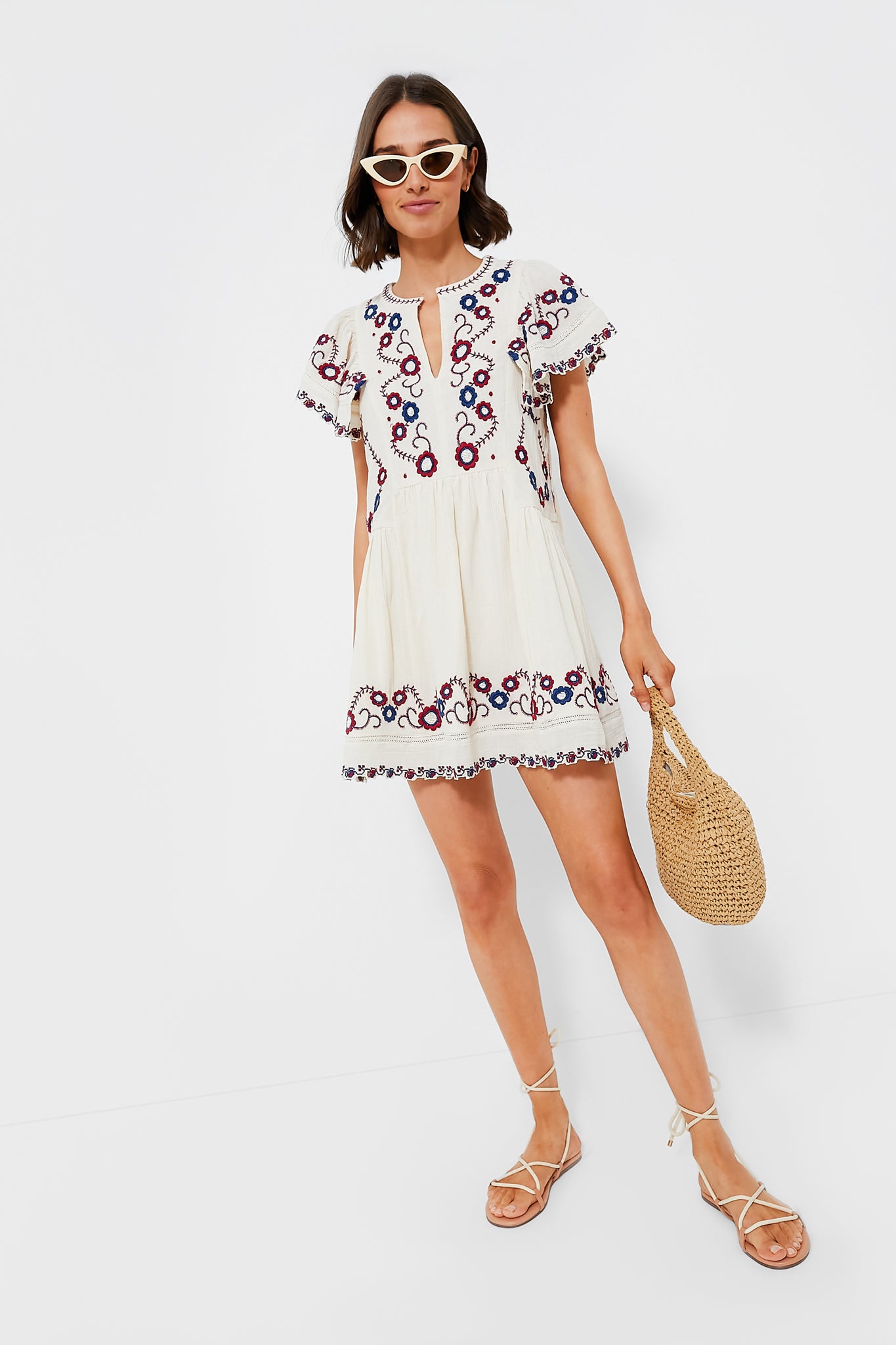Cream Multi Soren Embroidery Short Sleeve Dress-Beilave