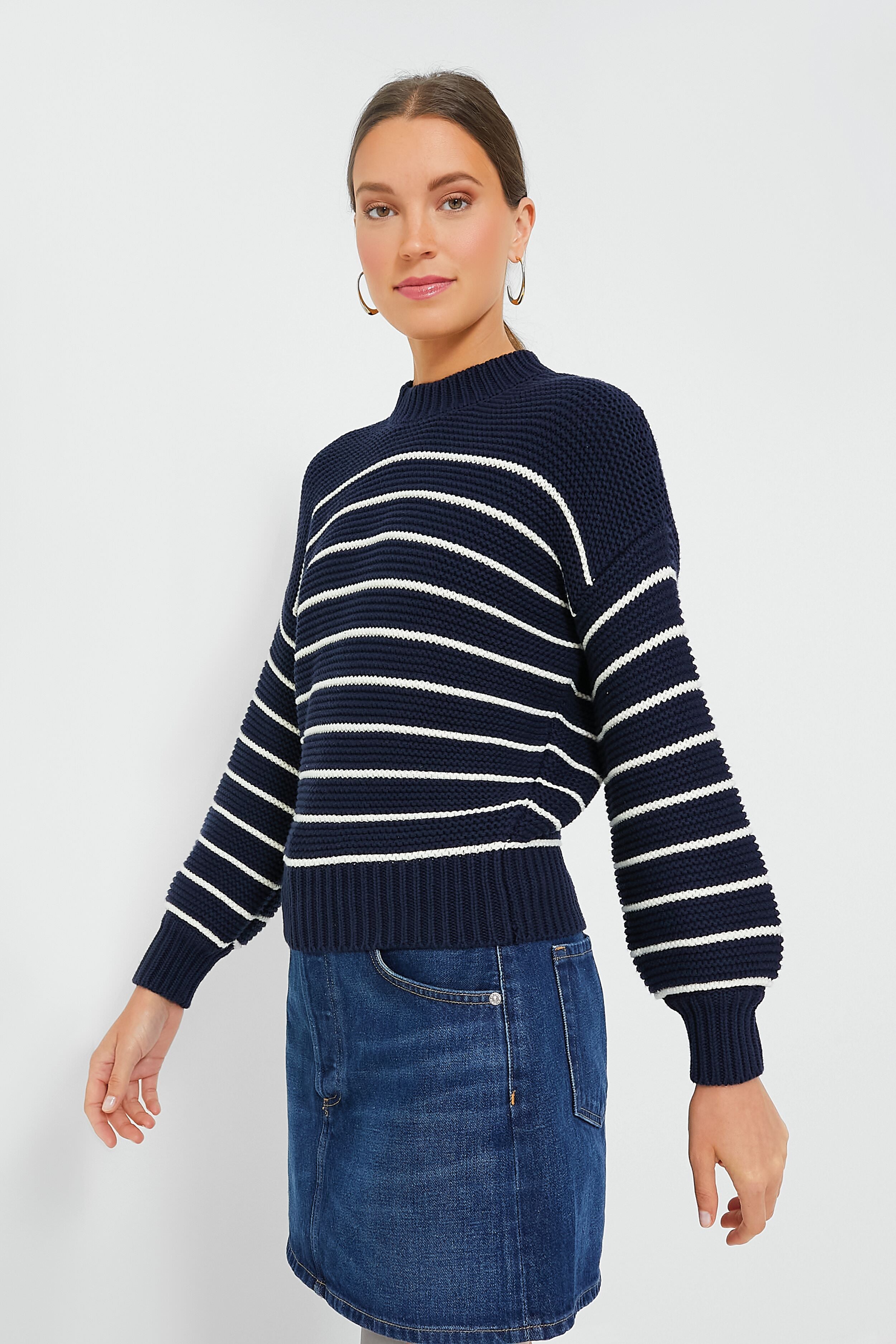 Dark Navy and Ivory Stripe Button Back Crewneck Sweater-Beilave