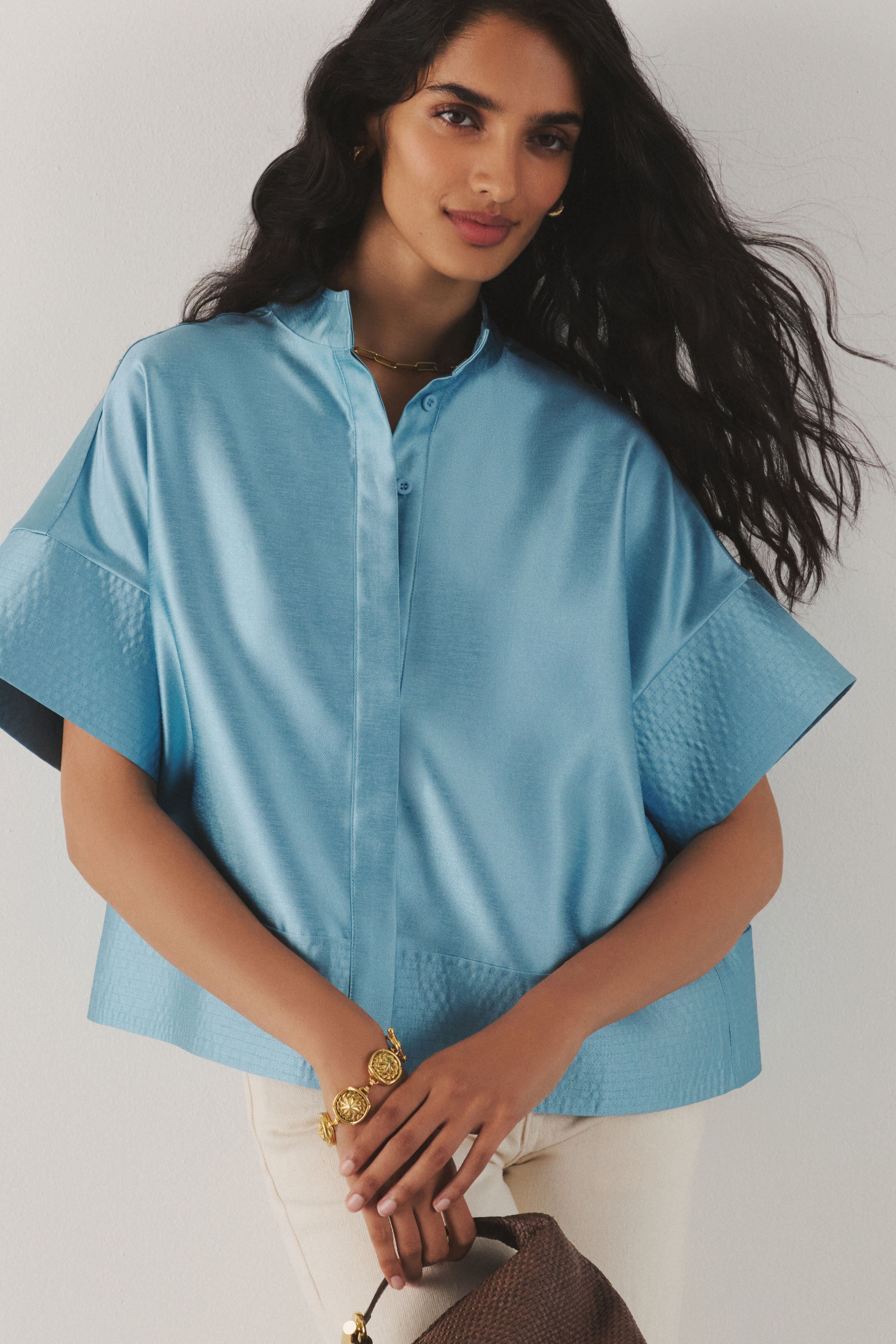 Robin's Egg Blue Trapunto Stitch Sofia Shirt-Beilave