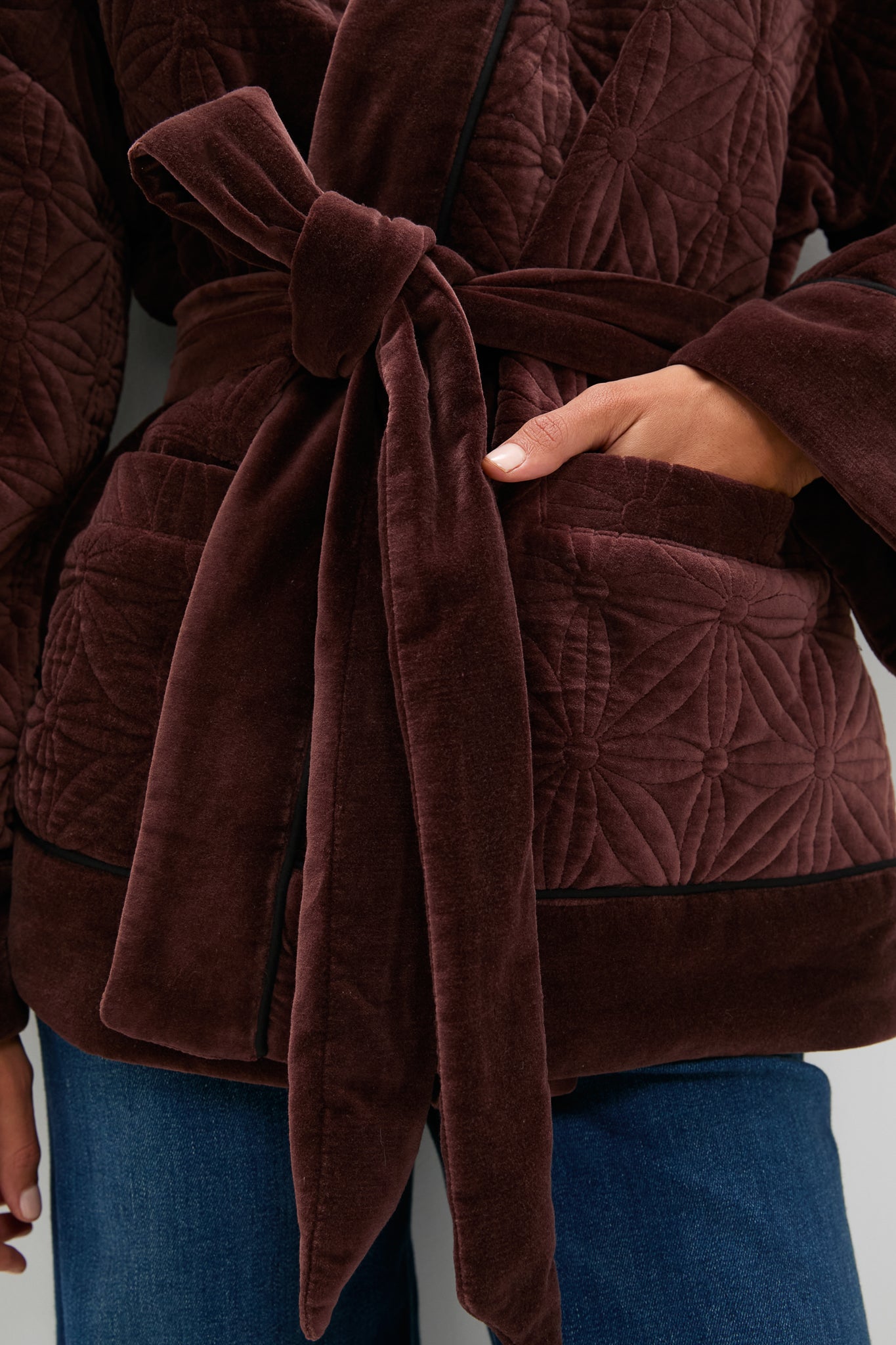 Chocolate Quilted Velvet Simone Wrap Jacket-Beilave
