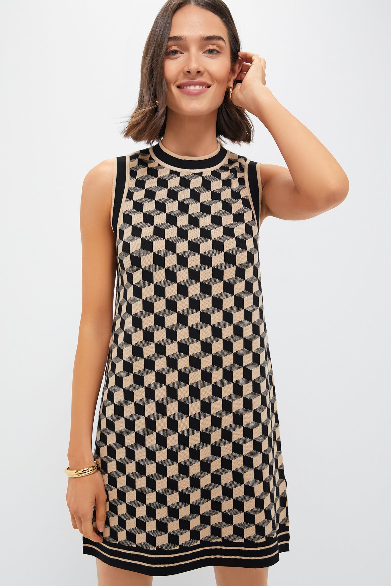Onyx and Camel Knit Geo Marie Dress-Beilave