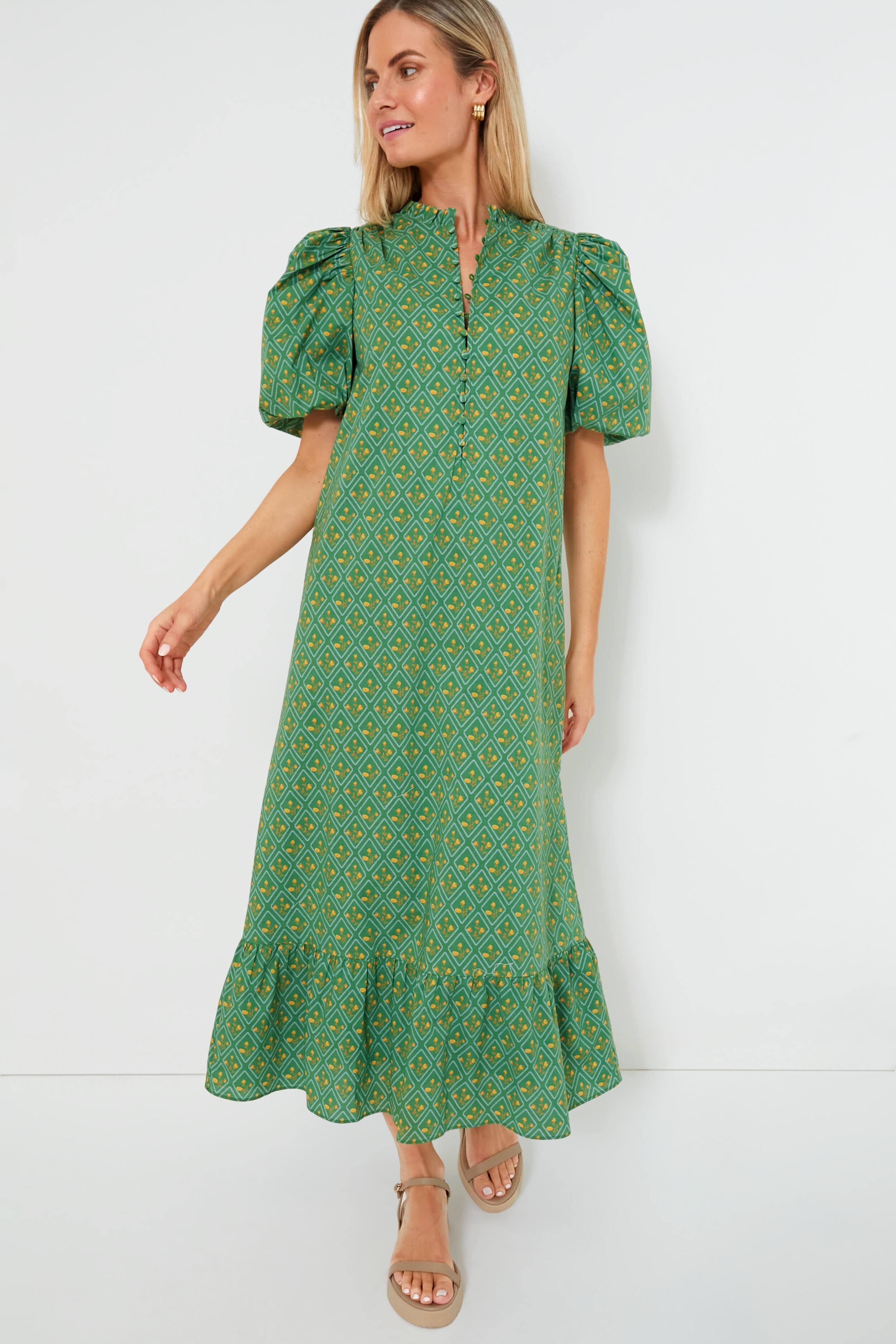 Green Diamond Floral Mimi Midi Dress-Beilave