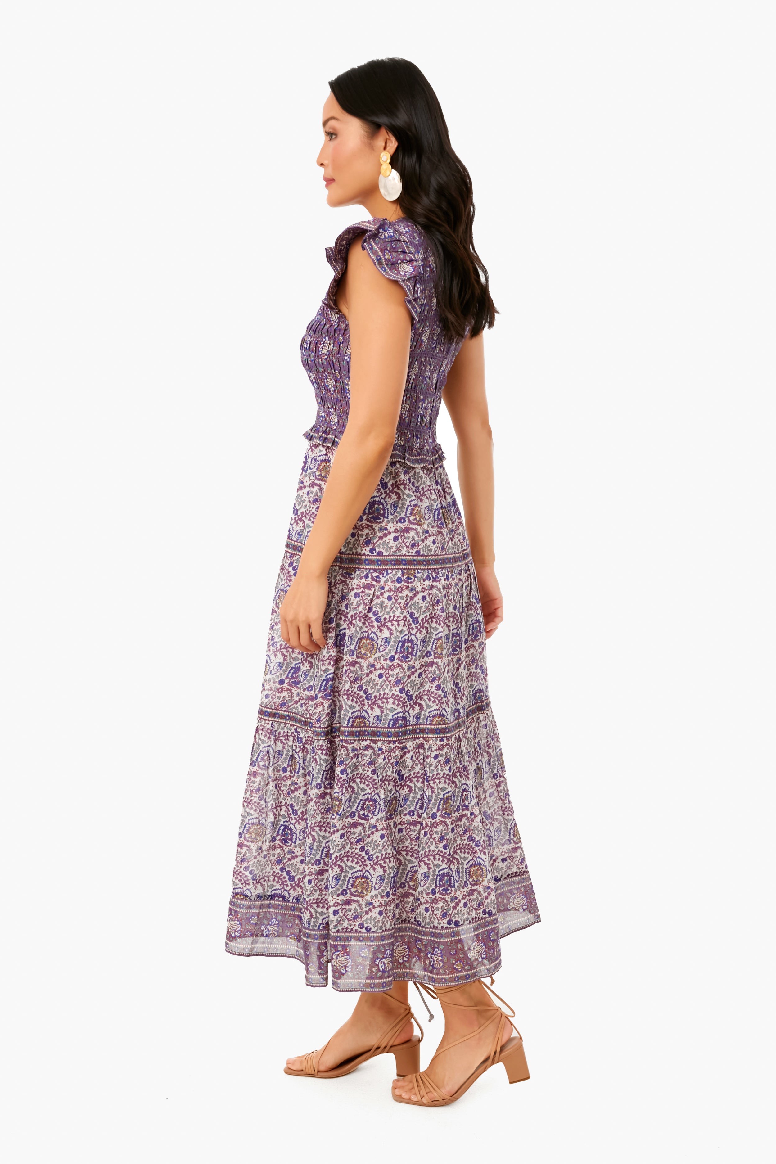 Exclusive Purple Rosita Border Smocked Midi Dress-Beilave