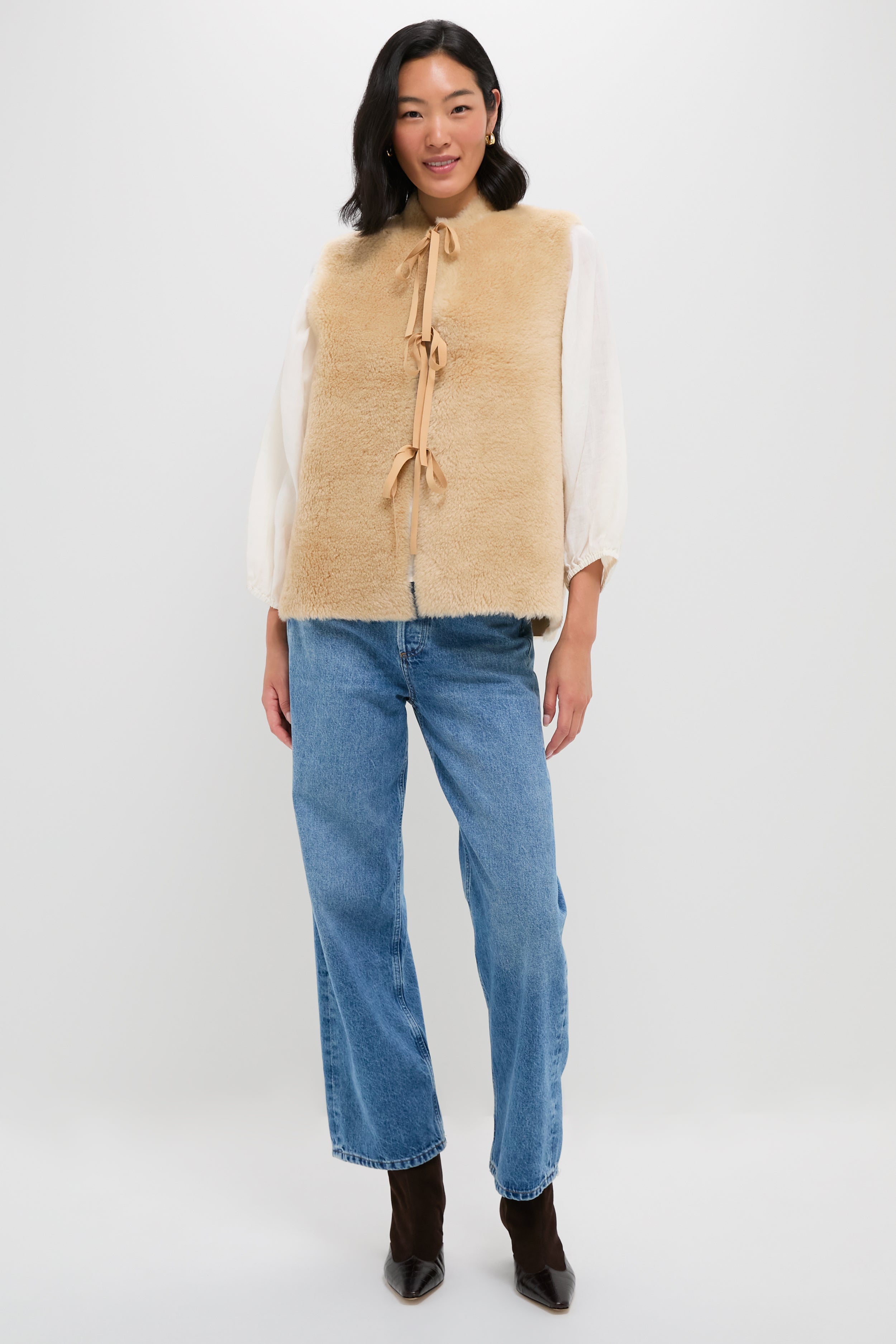 Cream Elliot Shearling Tie-Front Vest-Beilave