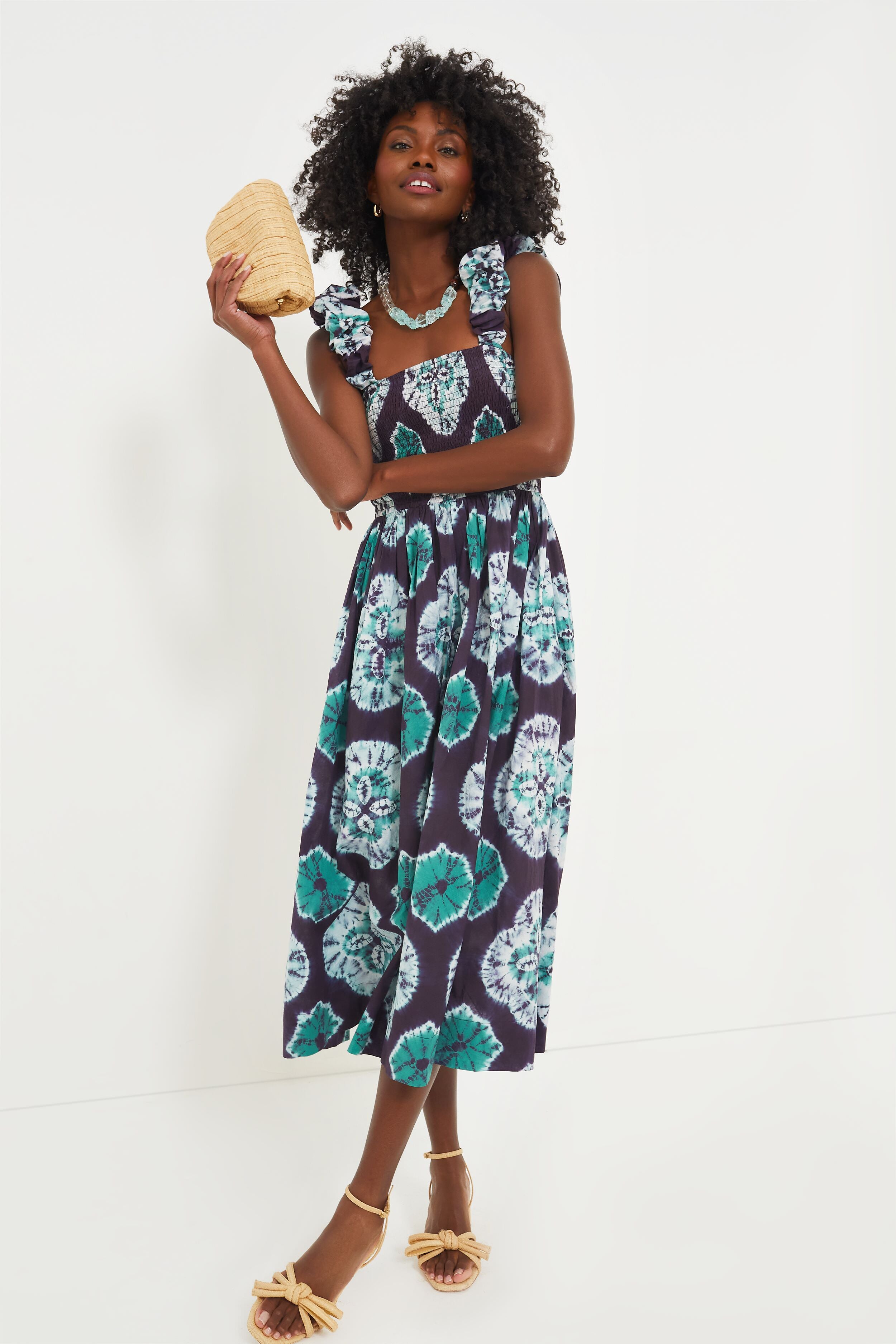 Teal Aveline Tie Dye Print Sleeveless Smocked Dress-Beilave