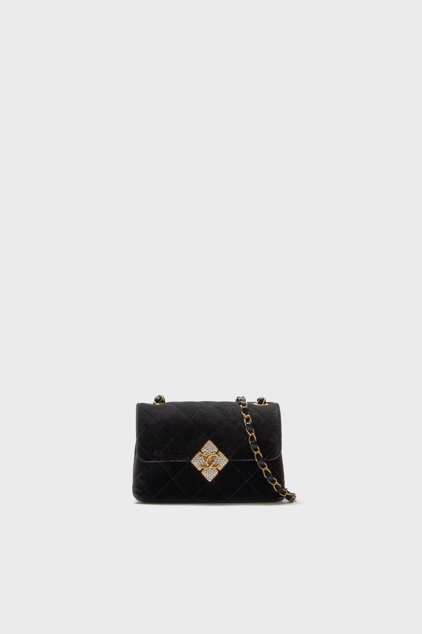 CHANEL Black Quilted Velvet With Crystals Mini Diamond Lock CC Flap Bag-Beilave