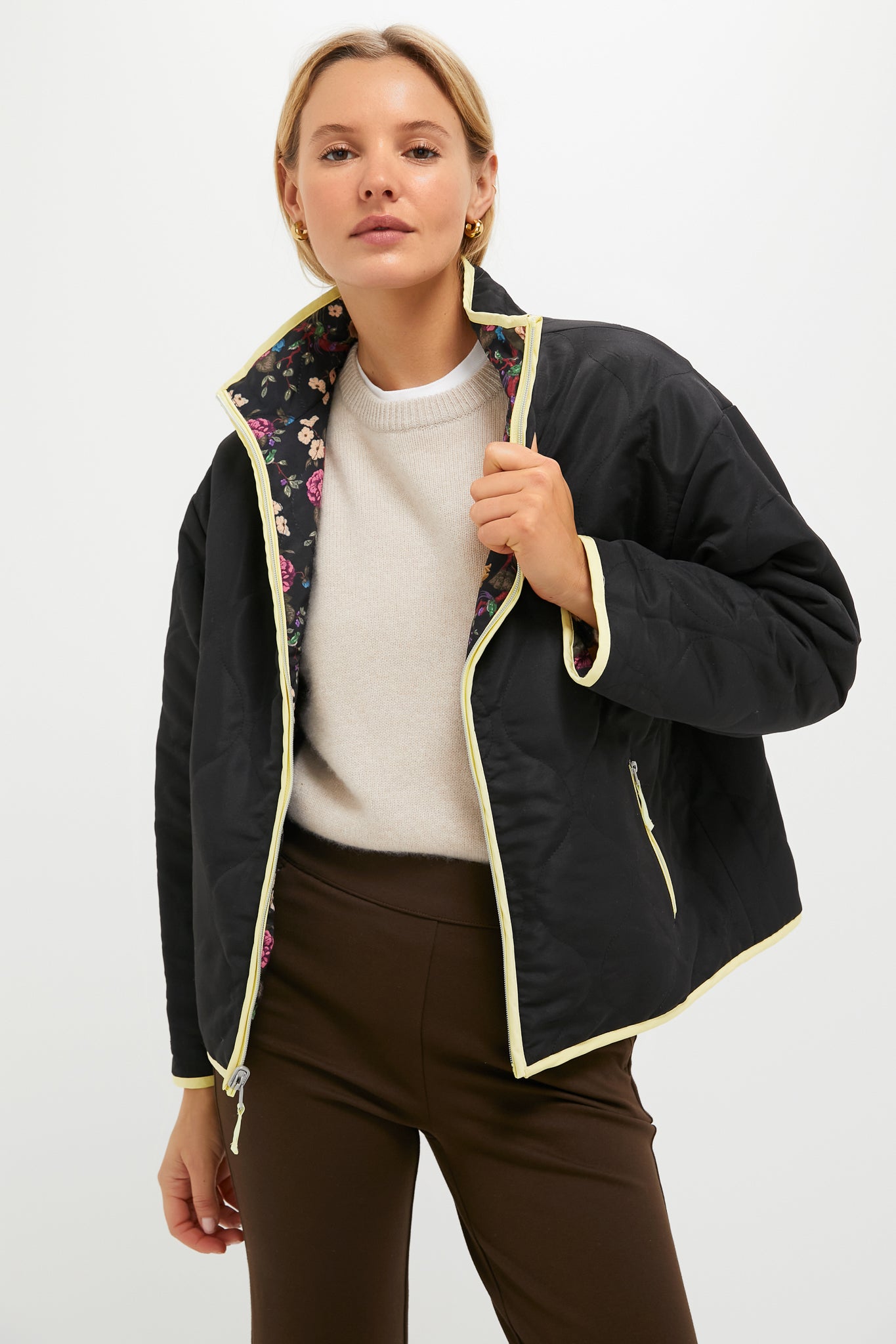 Reversible Black and Baroque Floral Quilted Mallory Jacket-Beilave