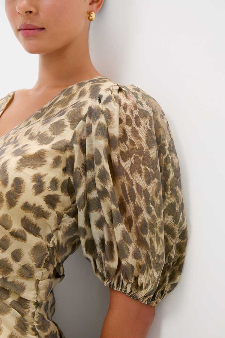 Cream Claude Print Puff Sleeve Midi Dress-Beilave