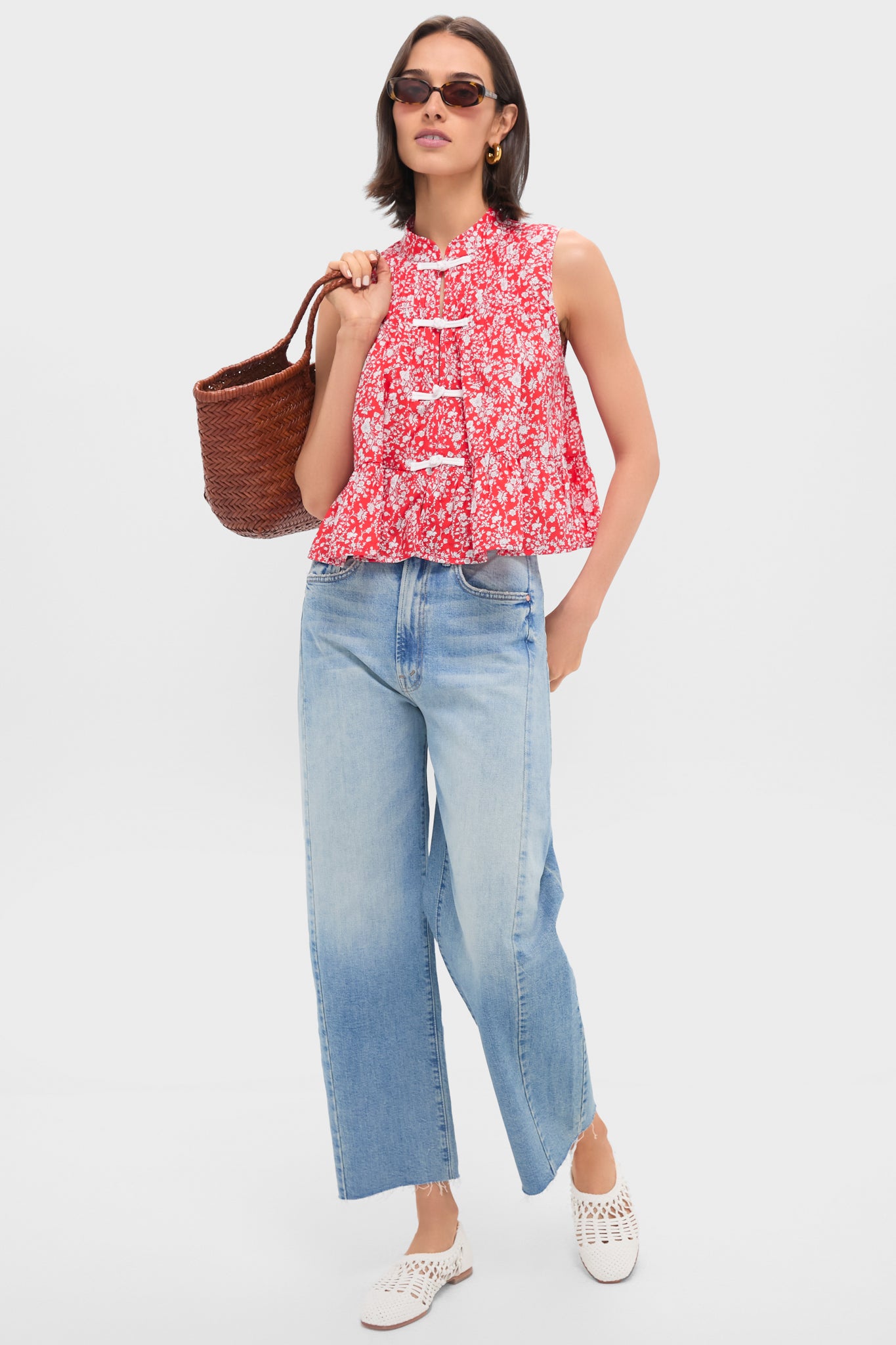 Red Lucille Liberty Print Knot Loop Tank Top-Beilave