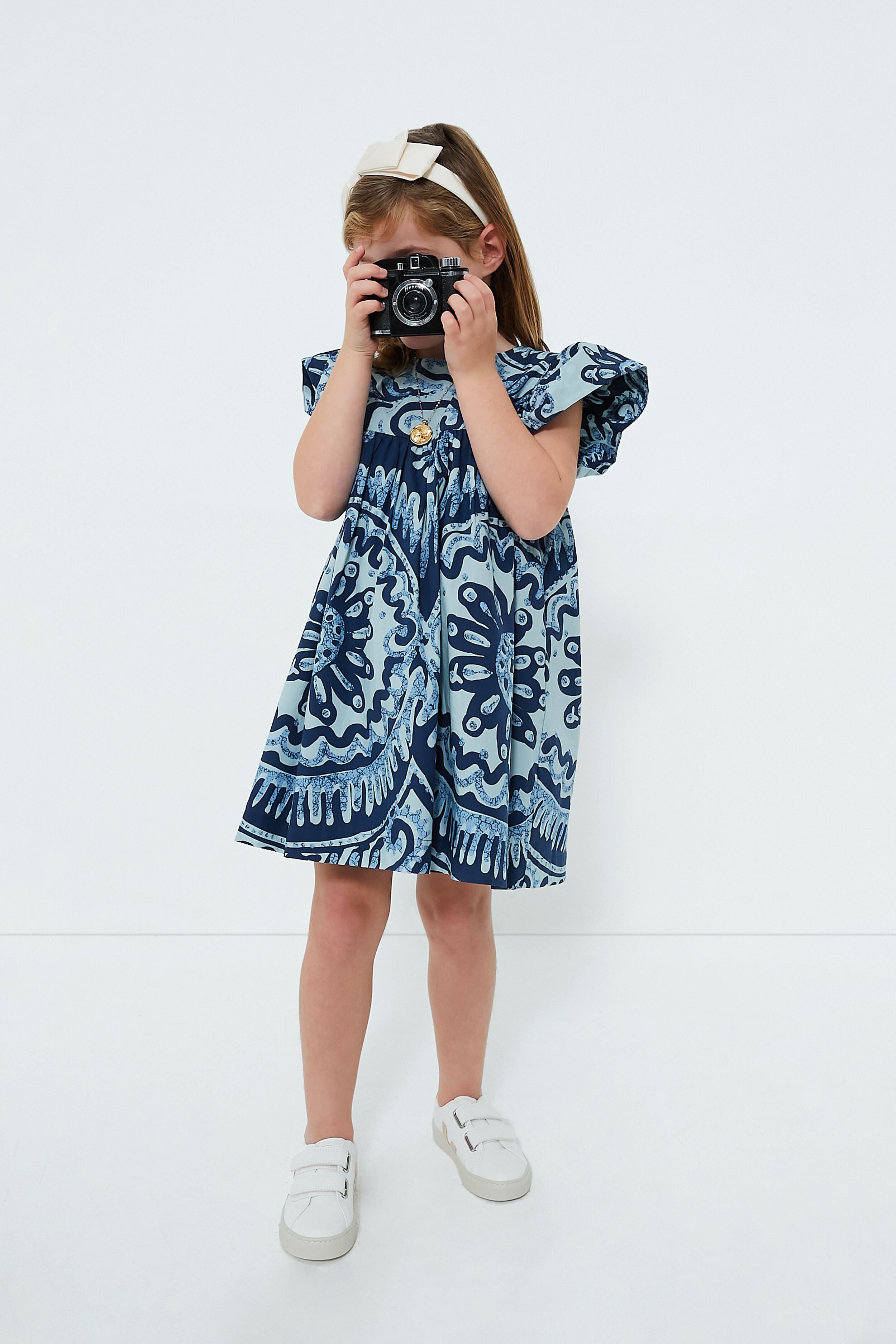 Exclusive Blue Charlough Print Flutter Sleeve Dress-Beilave